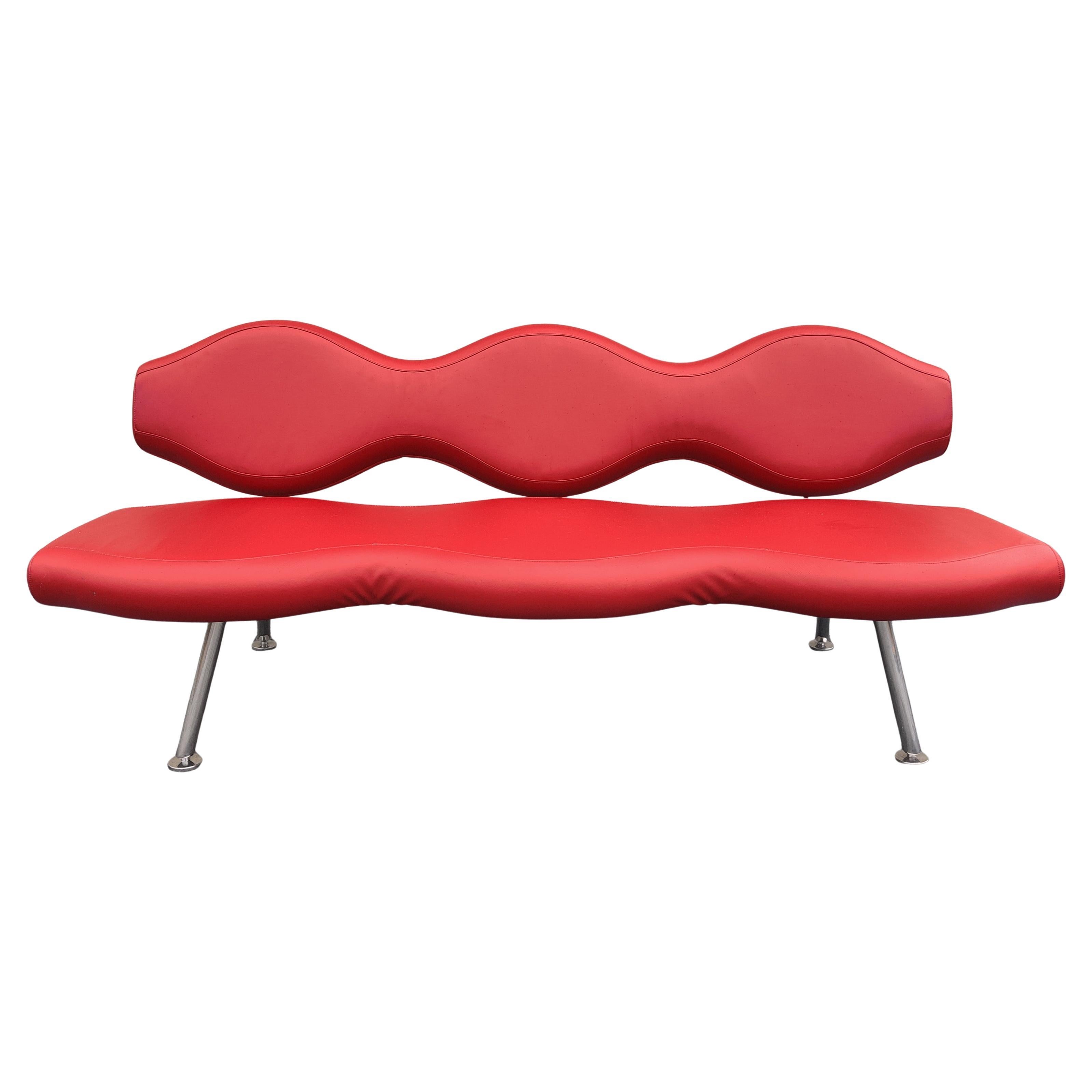Karim Rashid for Nienkamper Verde Red Leather & Aluminum Modern 3-Seat Sofa For Sale