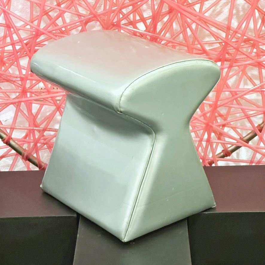 Karim Rashid Shroom Stool designed for IDEE, Japan in 1998. This silver vinyl version was a limited edition and is signed and numbered #4/57 on the IDEE labeled fabric on the bottom of the stool. It was part of the TOTEM Design collection; TOTEM -