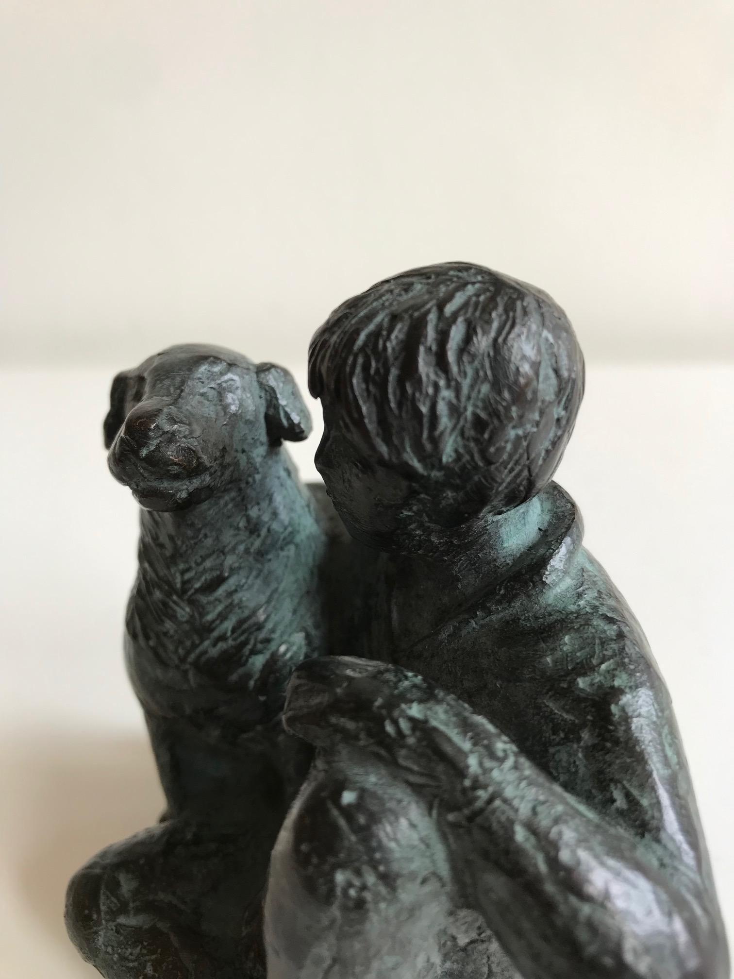 ''A Boys Best Friend'' Dutch Contemporary Bronze Sculpture of Boy with Dog  - Gold Figurative Sculpture by Karin Beek