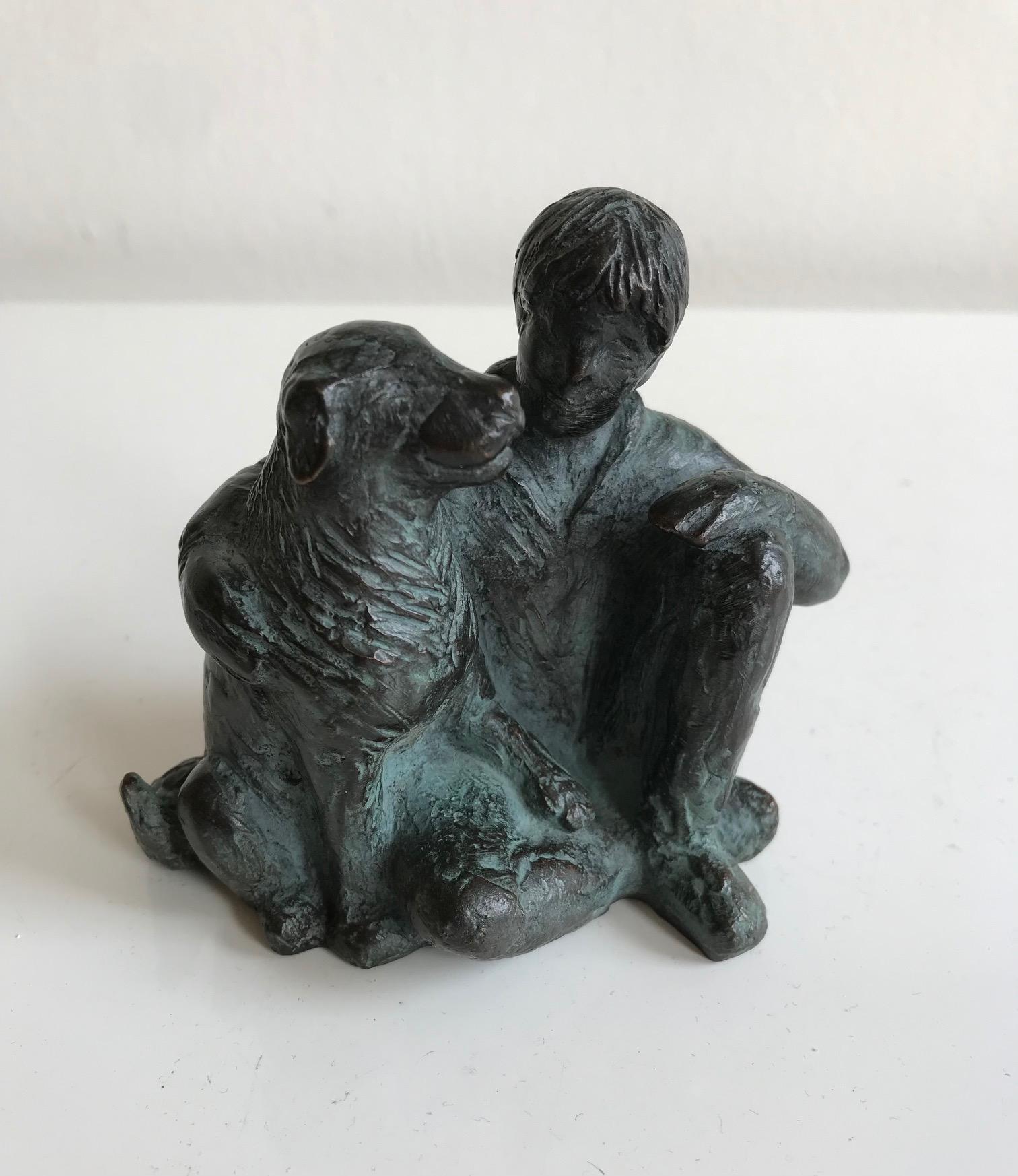 Karin Beek Figurative Sculpture - ''A Boys Best Friend'' Dutch Contemporary Bronze Sculpture of Boy with Dog 