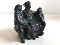 ''Friends on a Bench'' Bronze Green Sculpture of Three Friends on a Bench