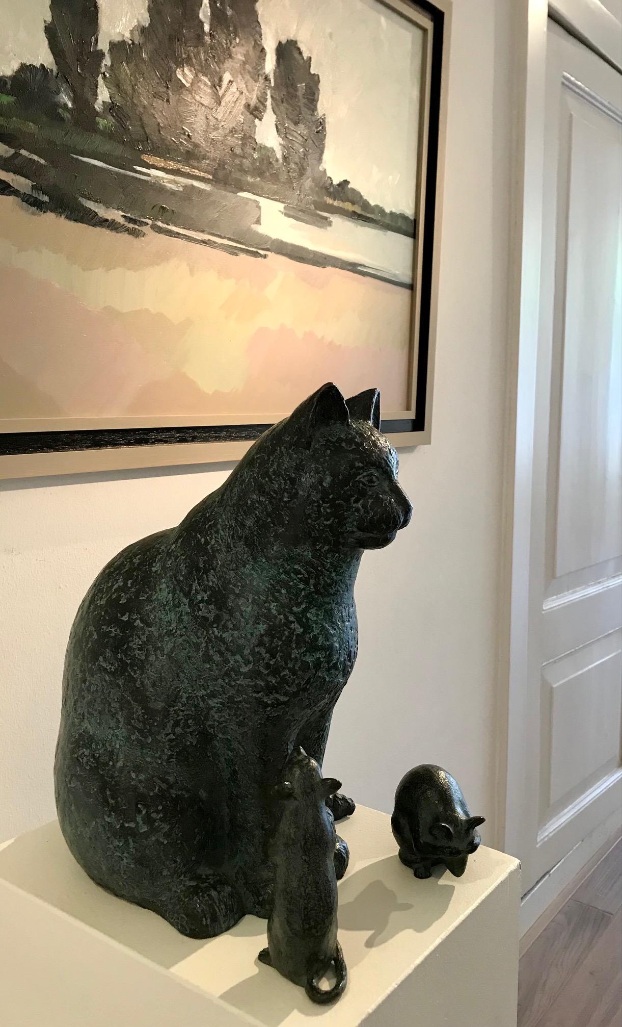 ''Chat assis'' Sculpture en bronze contemporaine hollandaise de chat, félin en vente 6