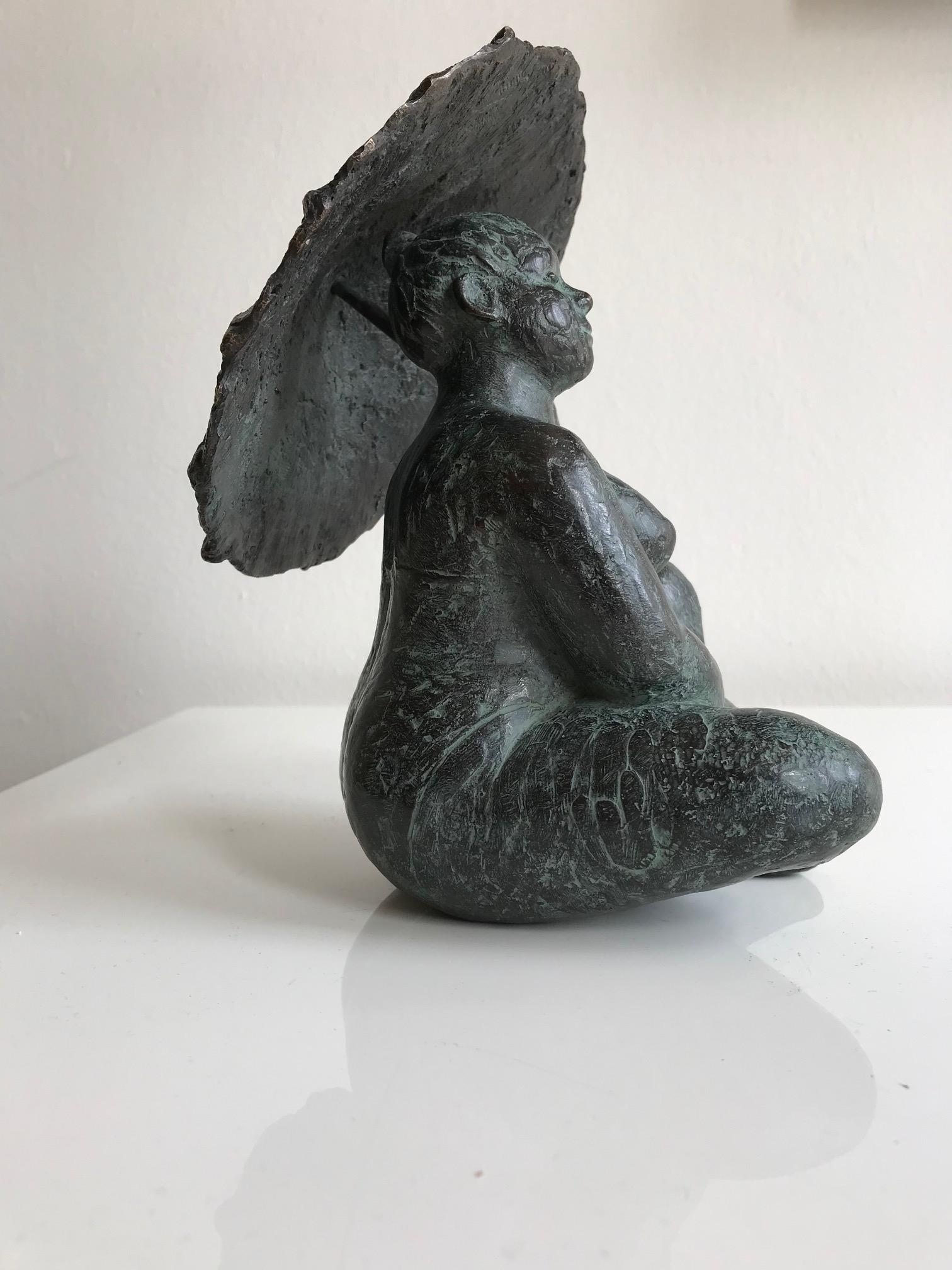 ''Umbrella'' Dutch Contemporary Bronze Sculpture of Woman Under an Umbrella - Gold Figurative Sculpture by Karin Beek