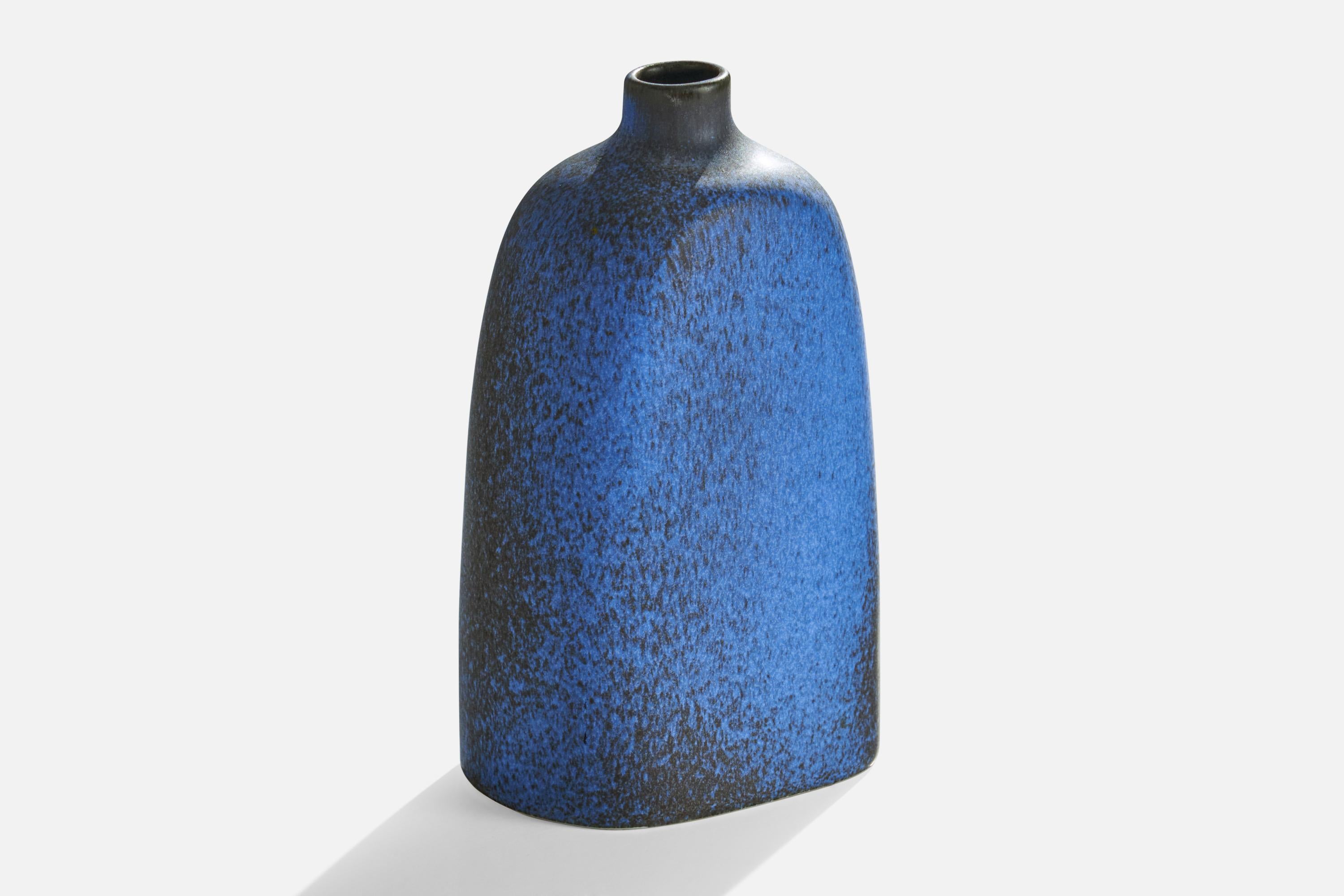 A blue and grey-glazed ceramic vase designed by Karin Björquist and produced by Gustavsberg, Sweden, 1950s.