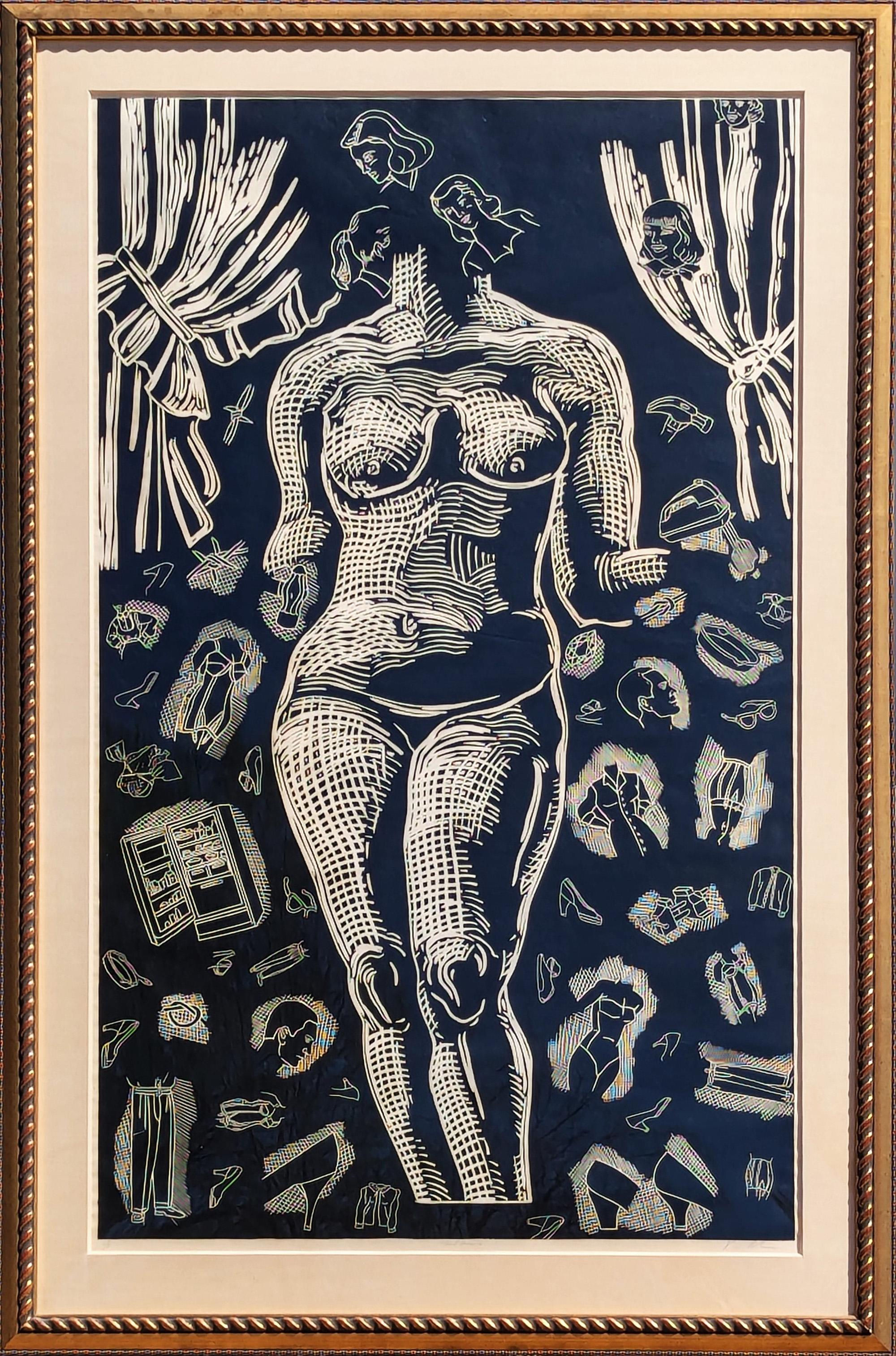 "Chica Gérmenes" Linograbado Contemporáneo Blanco y Negro Desnudo Femenino Figurativo Ed. 2/8
