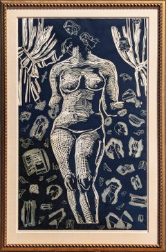 "Chica Gérmenes" Linograbado Contemporáneo Blanco y Negro Desnudo Femenino Figurativo Ed. 2/8
