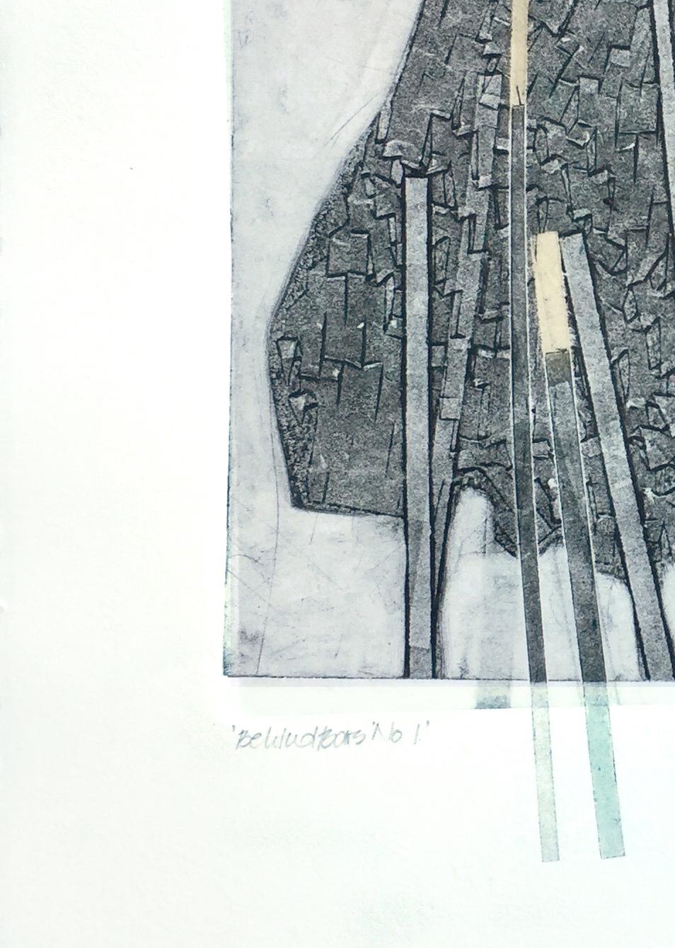 Abstrakte Mischtechnik auf Papier, Grau, „Behind Bars No. 1“ (Zeitgenössisch), Mixed Media Art, von Karin Bruckner