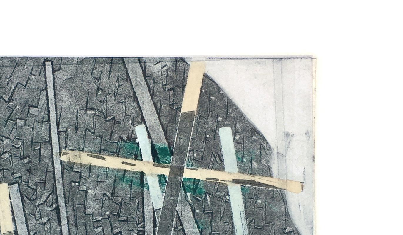 Behind Bars No. 1, abstract mixed media on paper, grey - Contemporary Mixed Media Art by Karin Bruckner