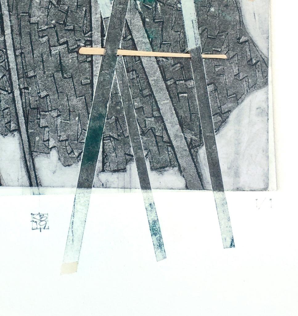 Behind Bars No. 1, tecnica mista astratta su carta, grigio in vendita 1