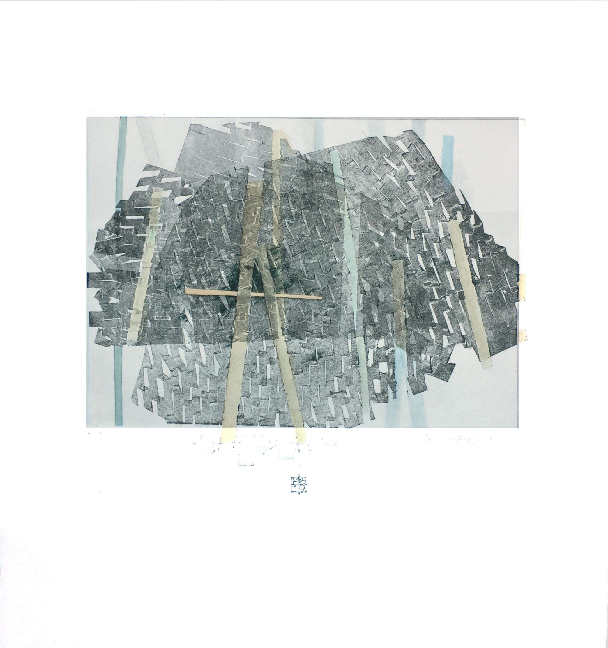 Entre rejas nº 2, técnica mixta abstracta sobre papel, gris