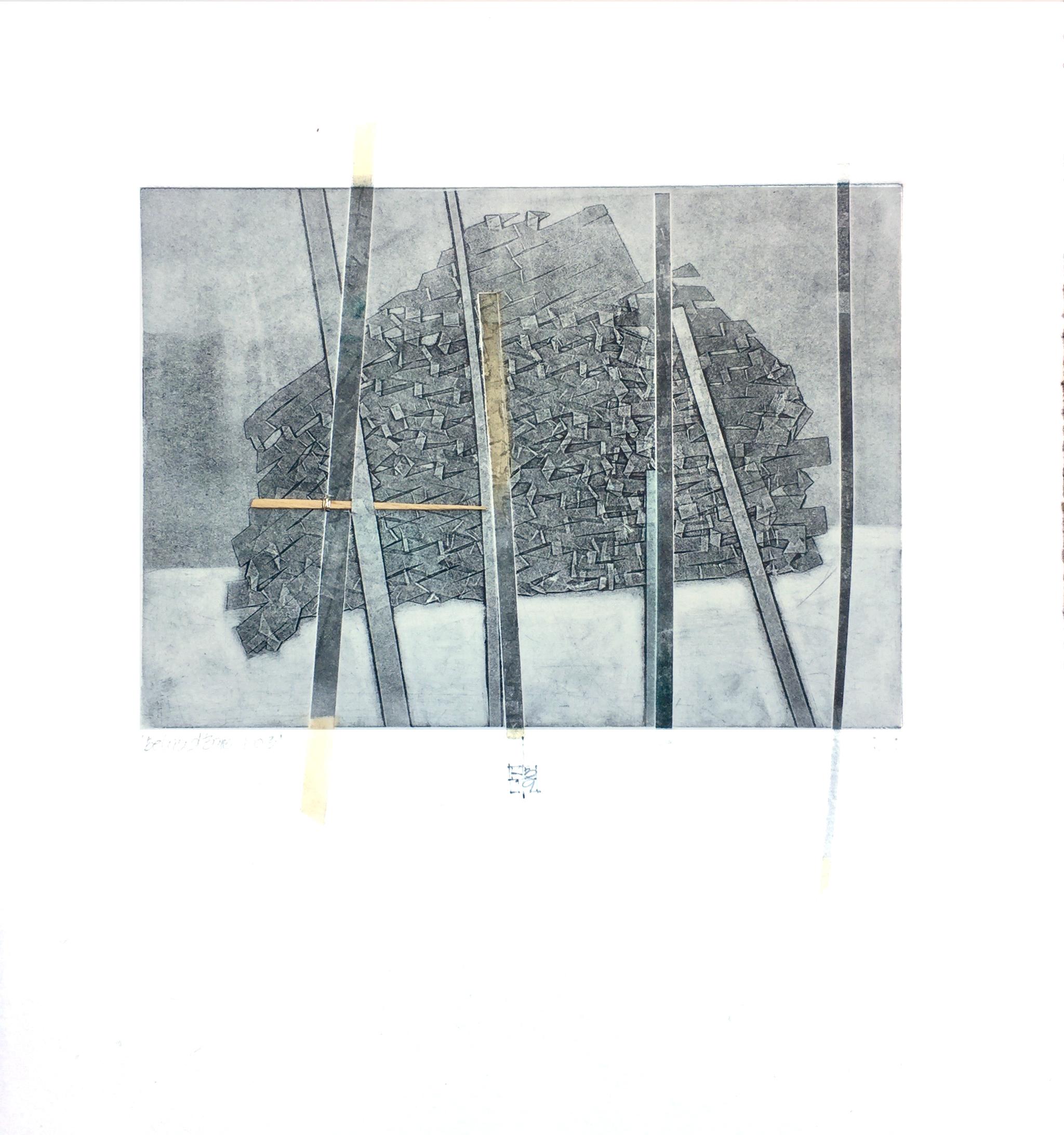 Entre rejas nº 3, técnica mixta abstracta sobre papel, gris