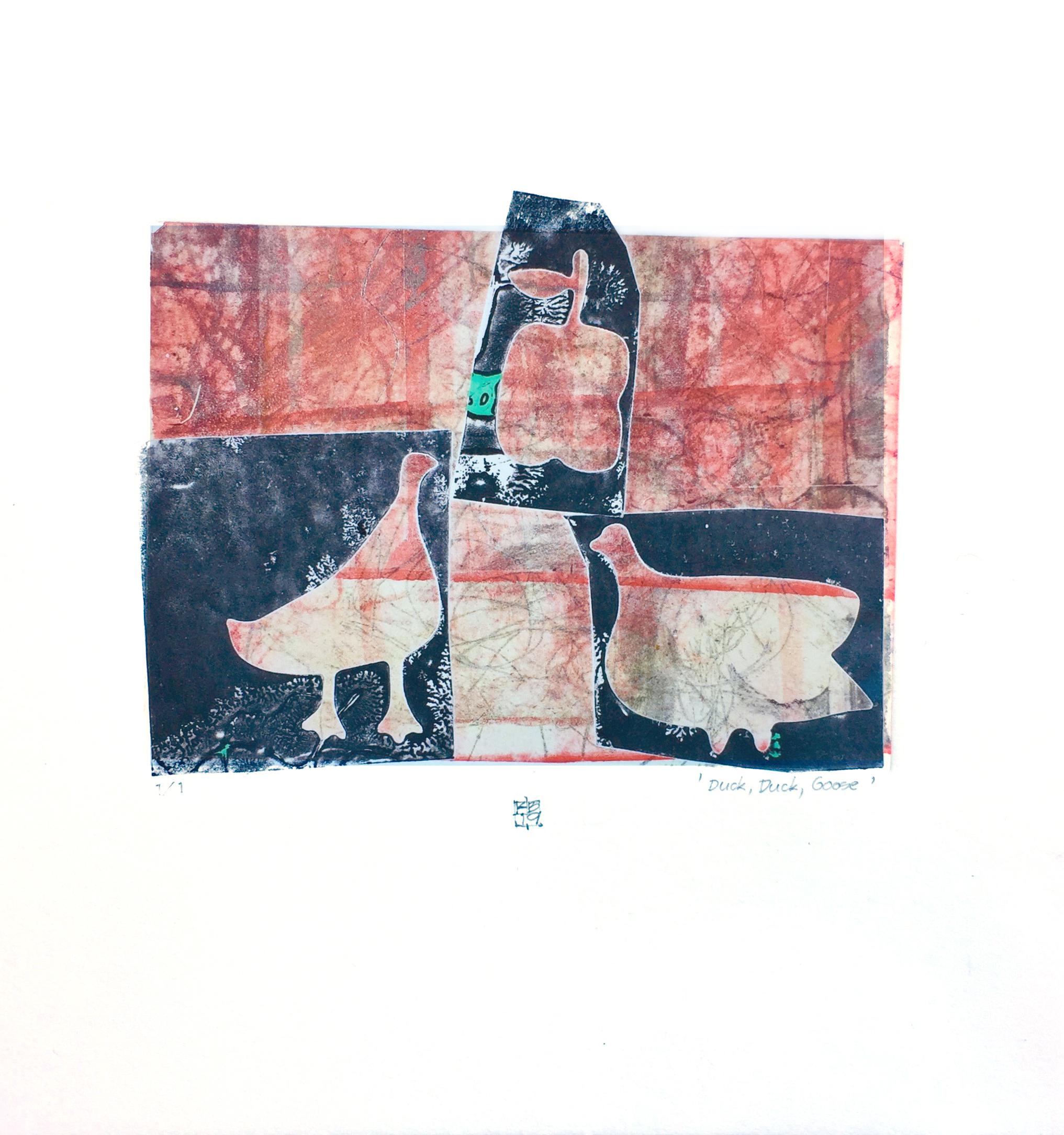 Duck, Duck, Goose, red and blue mixed media monotype on paper  - Mixed Media Art by Karin Bruckner