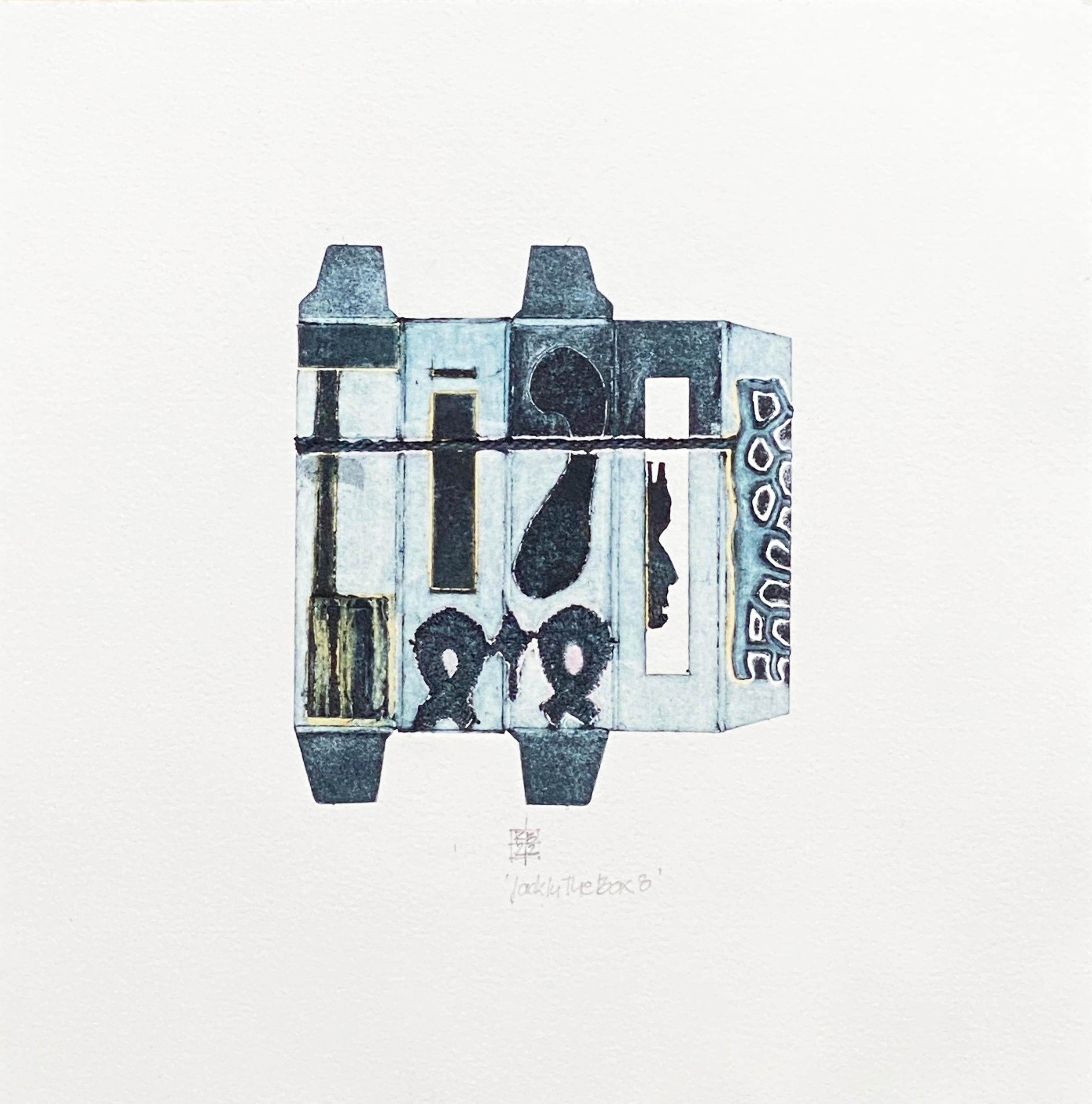 JackInTheBox#8 (blues, geometric, abstract, etching, cool colors) - Mixed Media Art by Karin Bruckner