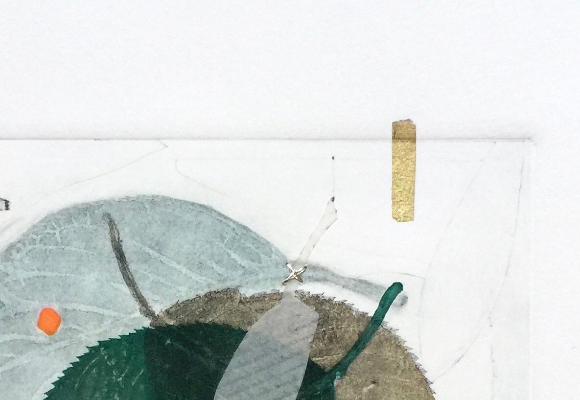Mind Over Matter, grüne Blätter, Mischtechnik auf Papier (Zeitgenössisch), Mixed Media Art, von Karin Bruckner