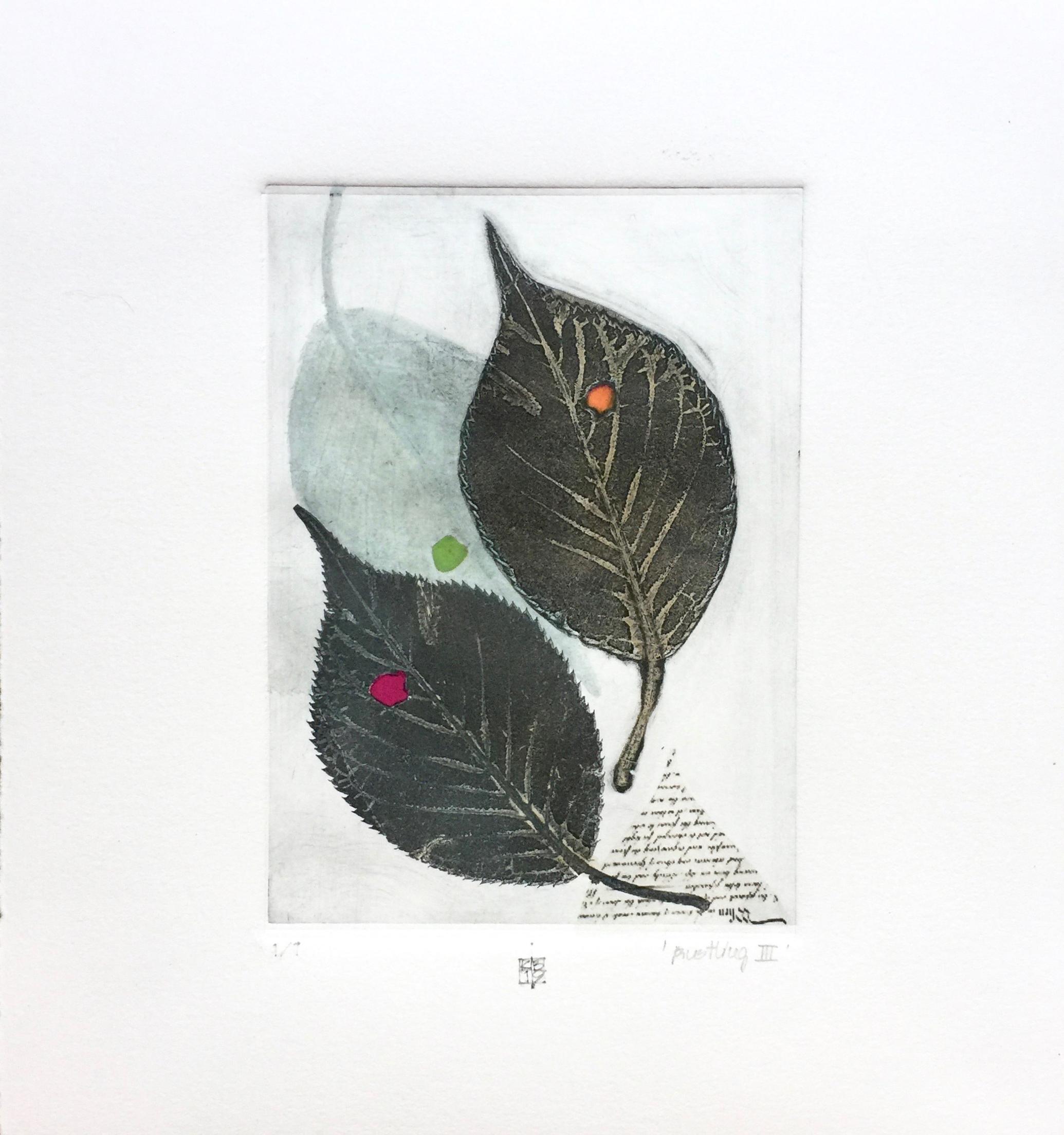El susurro III, hojas verdes, técnica mixta sobre papel