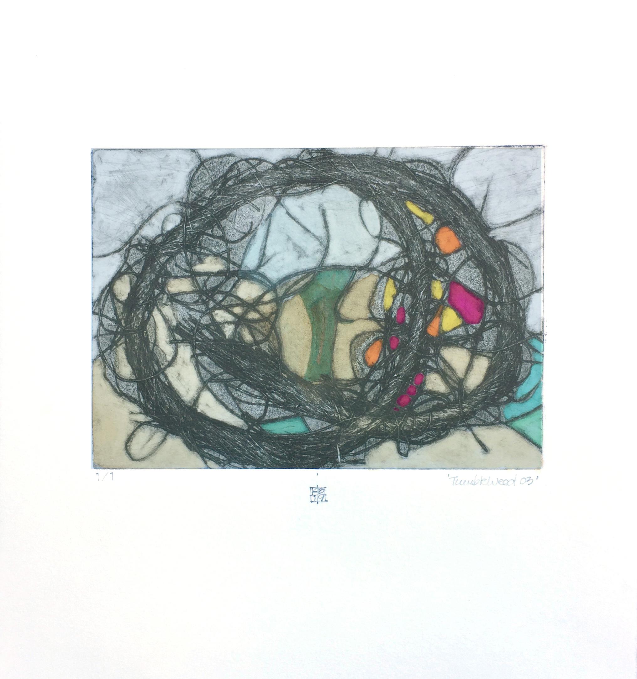TumbleWeed 03, abstract mixed media on paper, multicolored - Art by Karin Bruckner