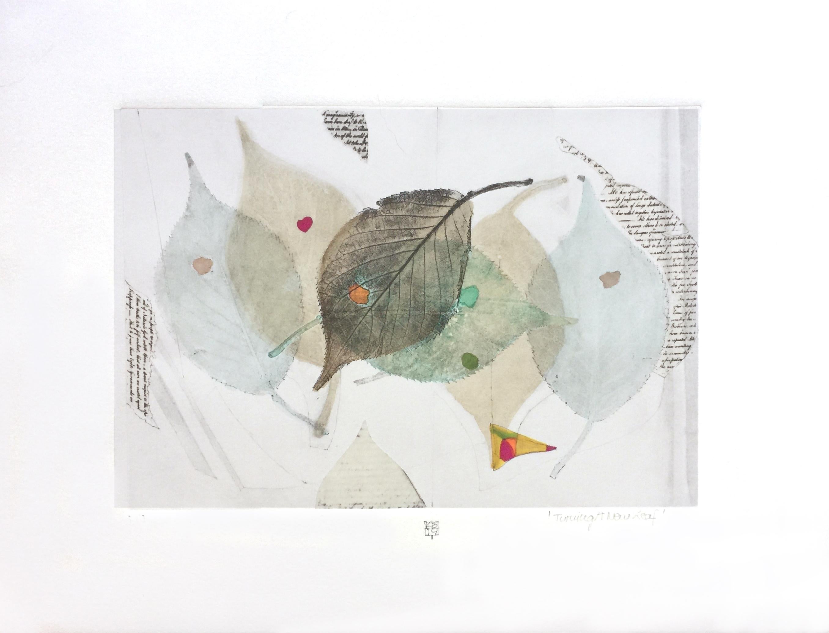 Turning Over A New Leaf, autumn leaves, mixed media on paper