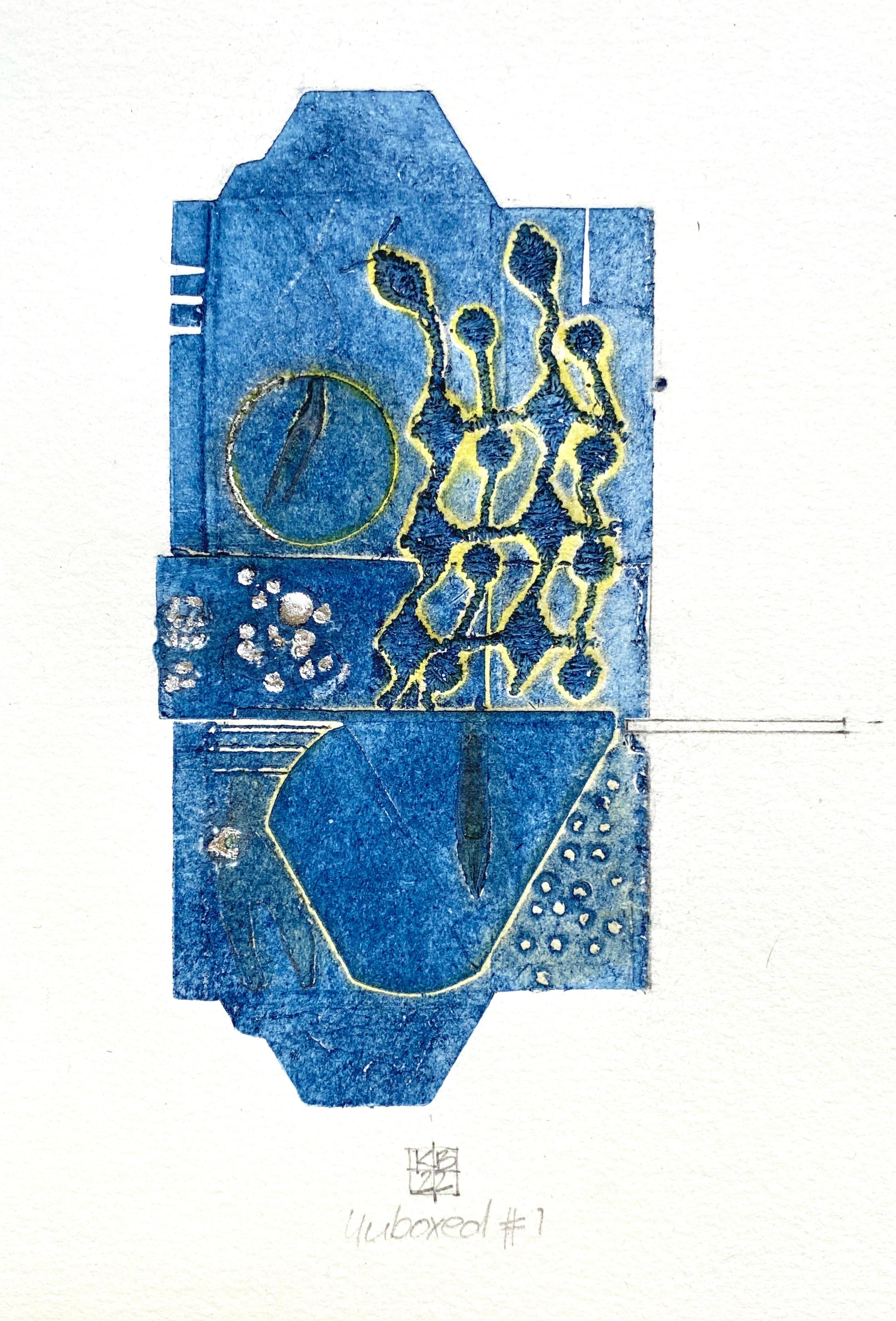 Unboxed #1 (blues, geometric, abstract, etching, cool colors) - Mixed Media Art by Karin Bruckner