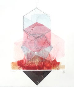 Cliff Hanger, pink and red mixed media on paper, geometric abstraction