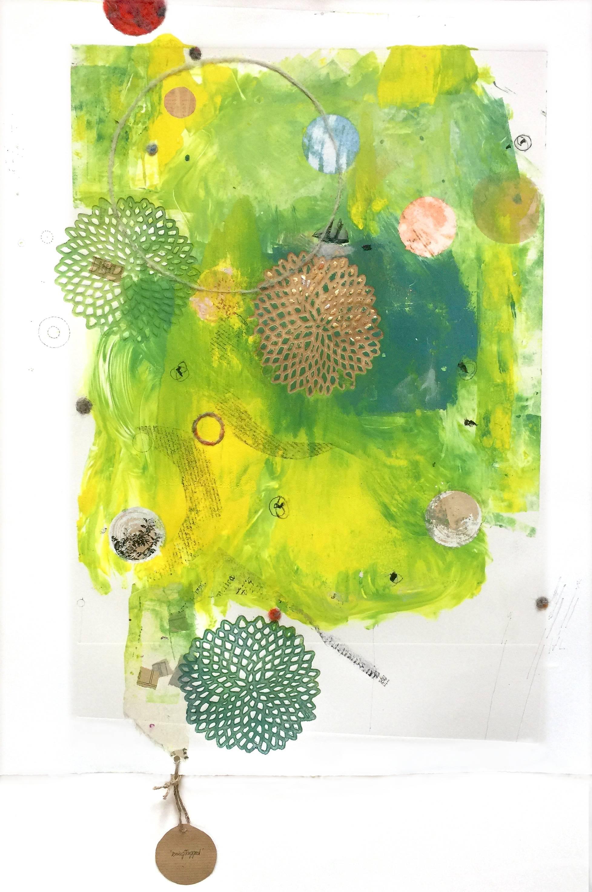 Karin Bruckner Abstract Print - BeingTagged, mixed media, 22 x 30 inches. Neon, abstracted work