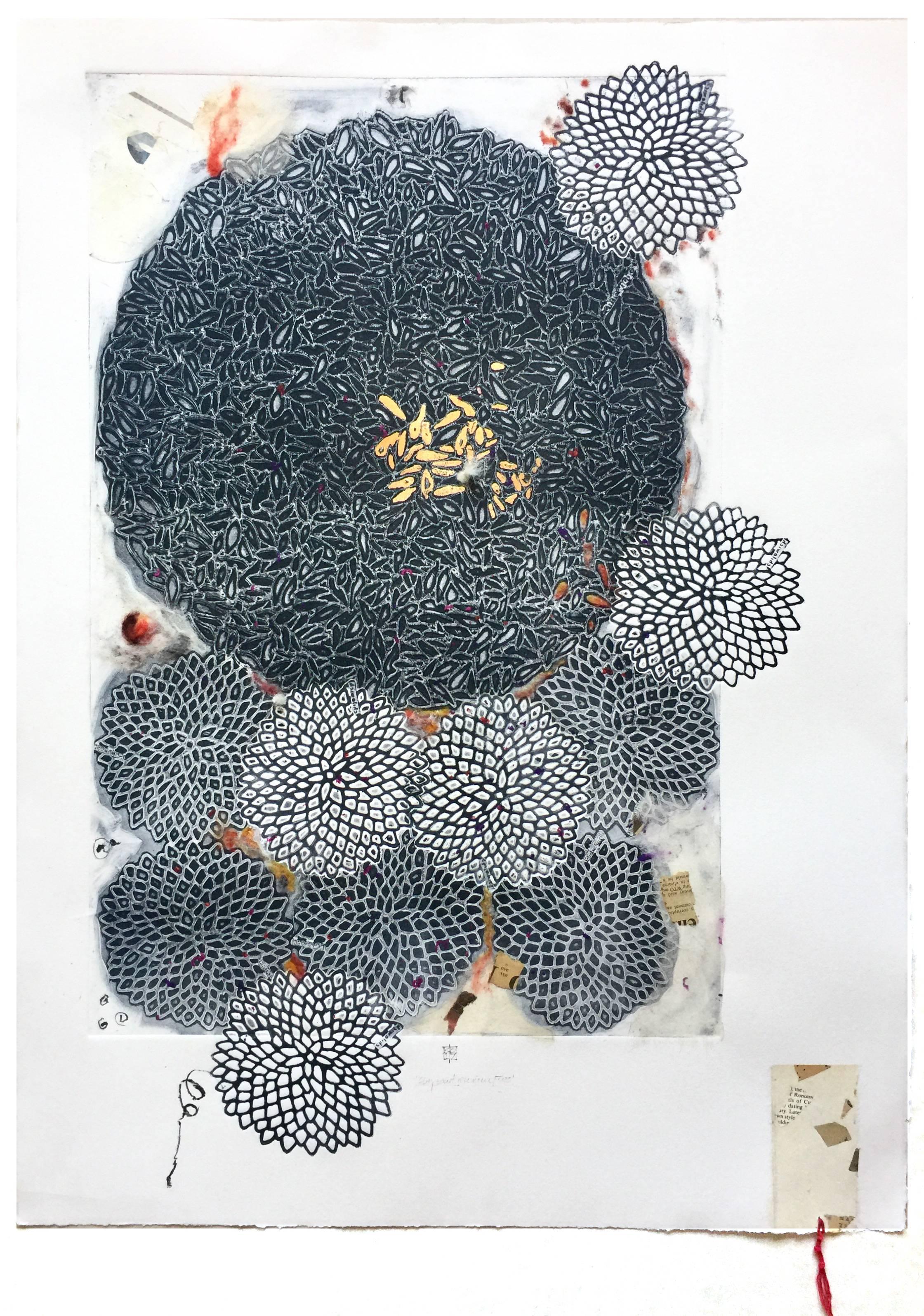 Karin Bruckner Abstract Print - ChrysanthemumFuzz, mixed media, 22 x 30 inches. Circular, patterned forms 