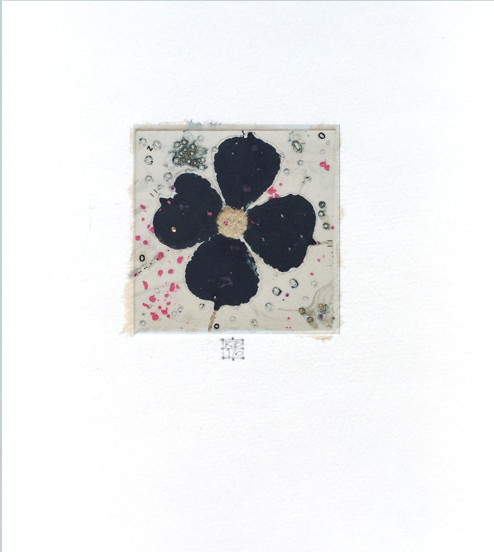 Karin Bruckner Abstract Print - Dogwood2, mixed media work on paper, navy blue flower