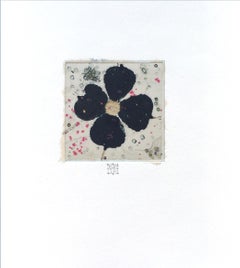 Dogwood2, mixed media work on paper, navy blue flower