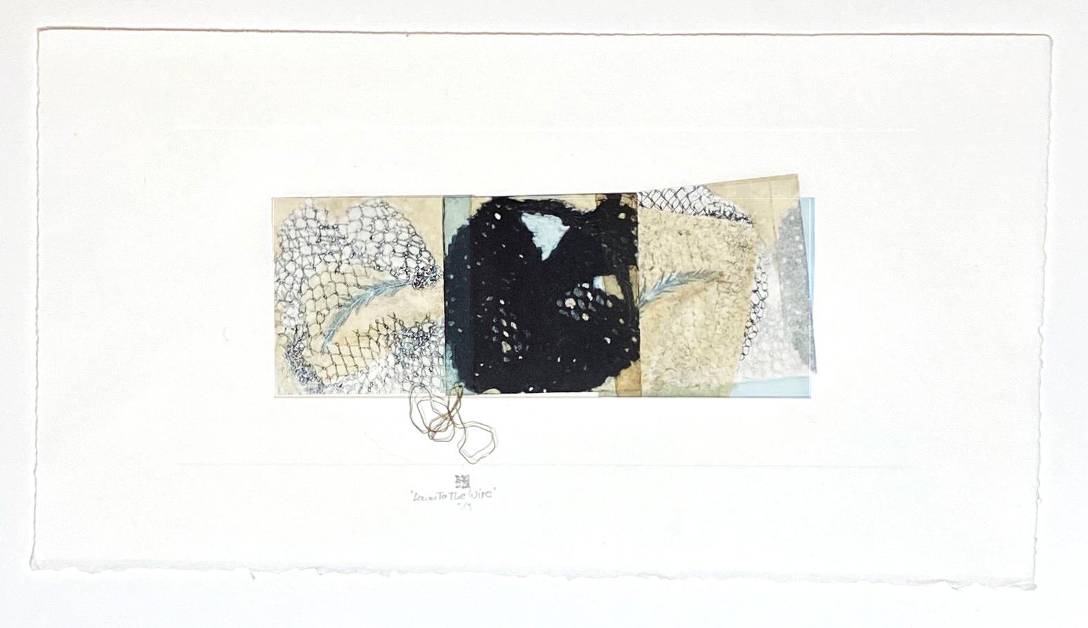 Karin Bruckner Abstract Print - DownToTheWire, mixed media monoprint on paper, neutral greys and earth tones
