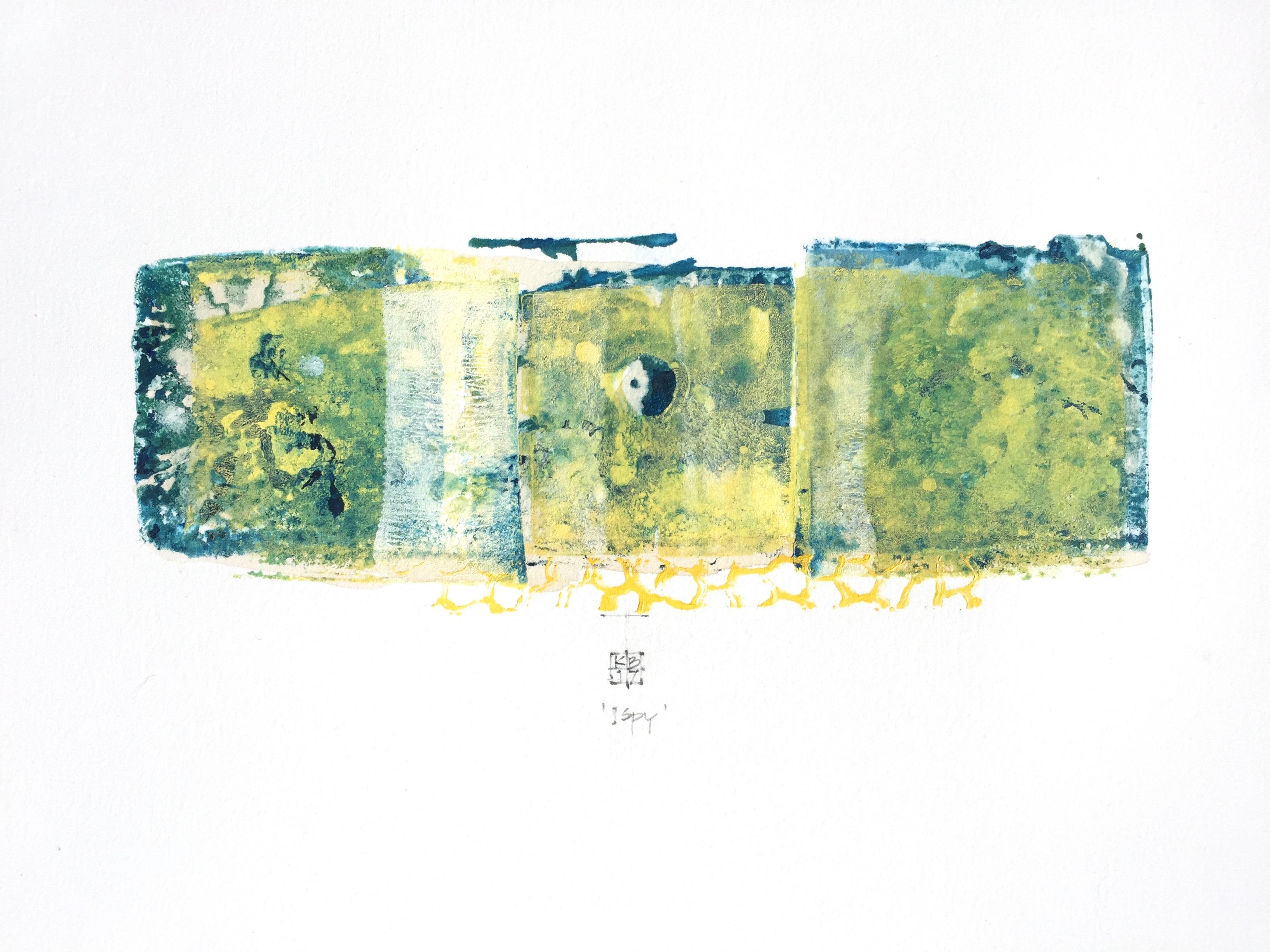 Karin Bruckner Abstract Print – ISpy, abstrakte Mischtechnik-Monotypie auf Papier, grün und blau