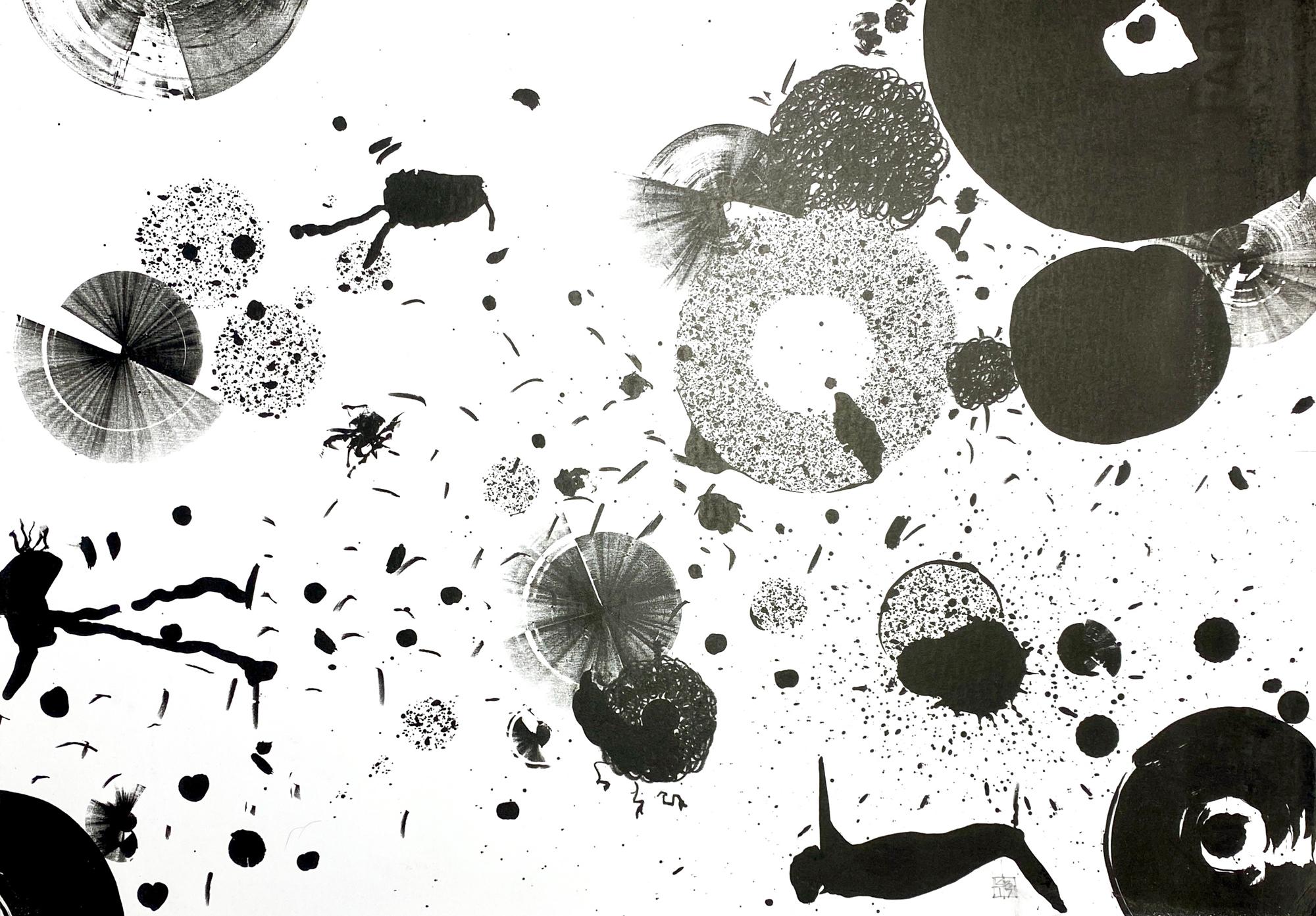 Karin Bruckner Abstract Print – Jitterbug  (Muster, organisch, abstrakt, schwarz und weiß, Spritzer, Monotypie)