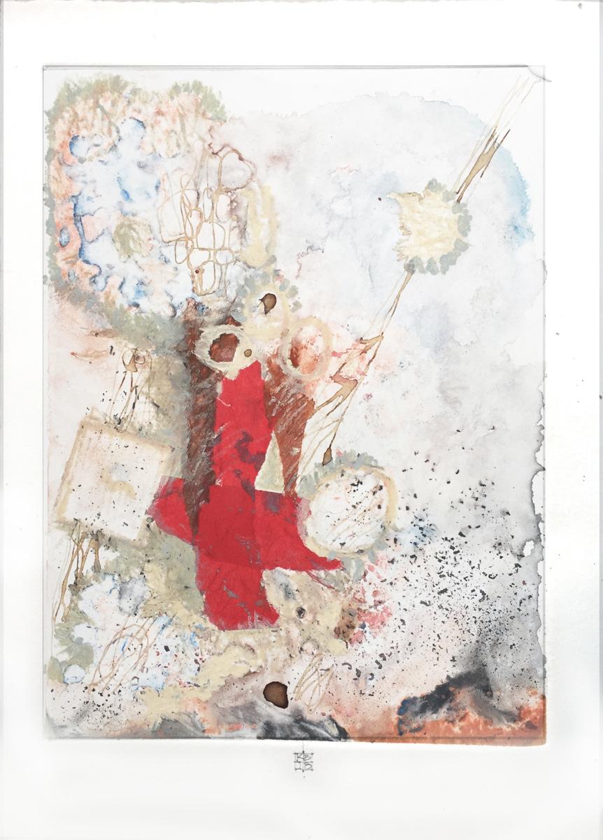 Karin Bruckner Abstract Print - KamikazeMission, mixed media monotype on paper, earth tones and red