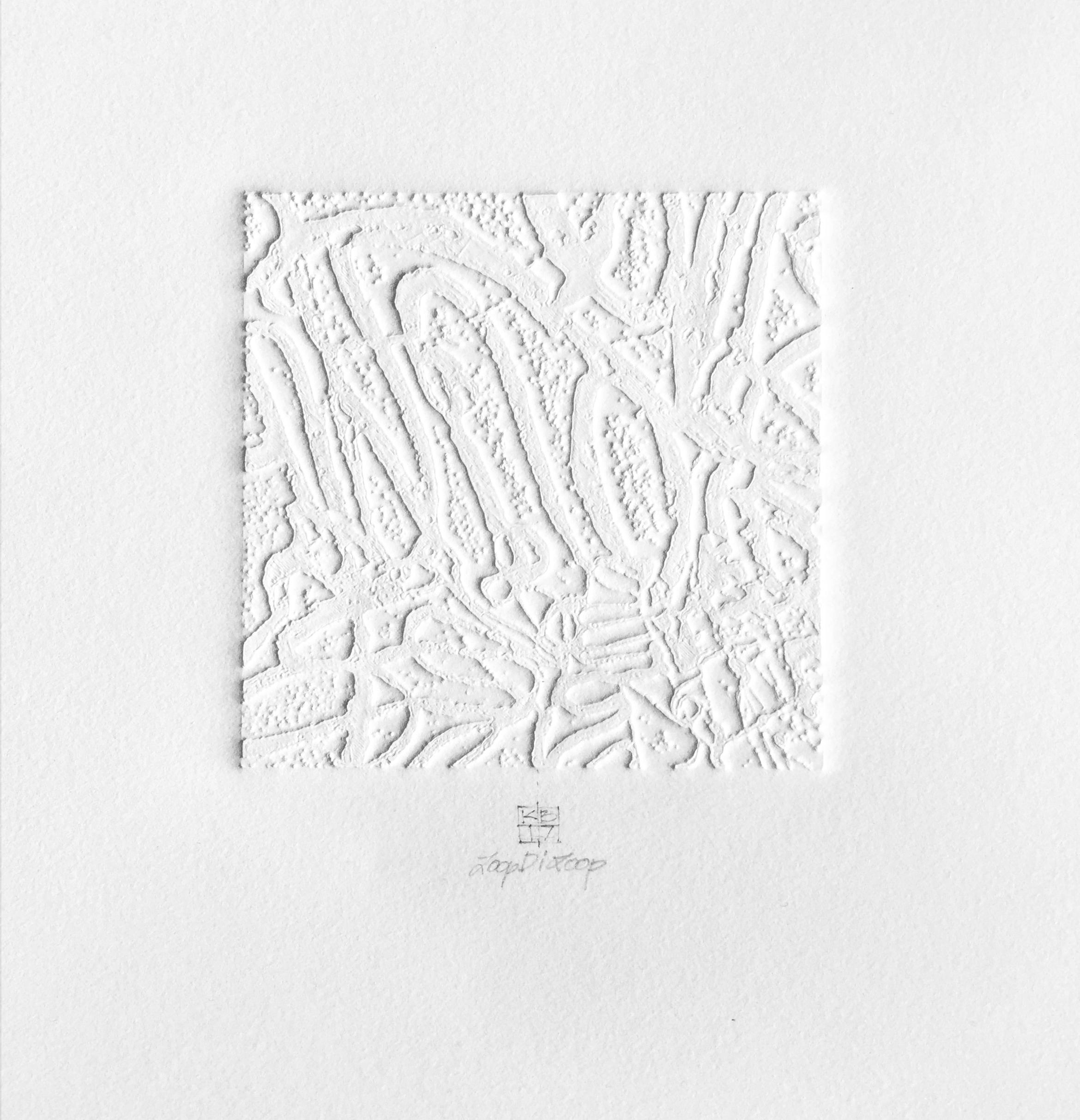 Karin Bruckner Abstract Print – LoopDiLoop 4, Monodruck in Mischtechnik auf Papier, weiß, abstrakt und minimalistisch