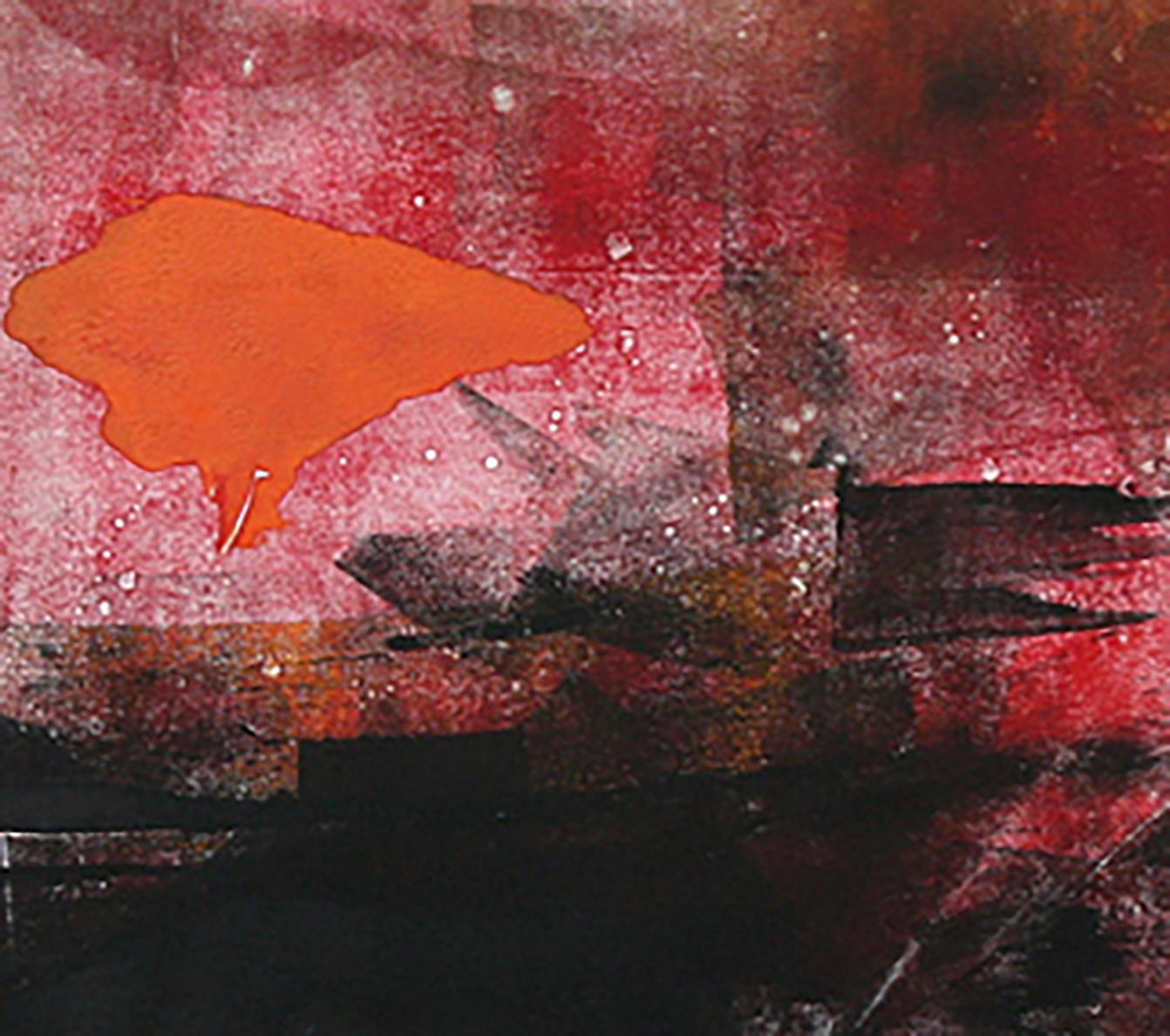 OrangeBlast(L), orange and black abstract monotype on paper - Contemporary Mixed Media Art by Karin Bruckner