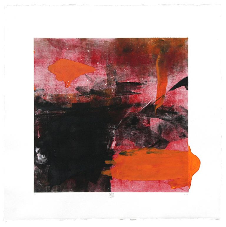 OrangeBlast(L), orange and black abstract monotype on paper - Mixed Media Art by Karin Bruckner