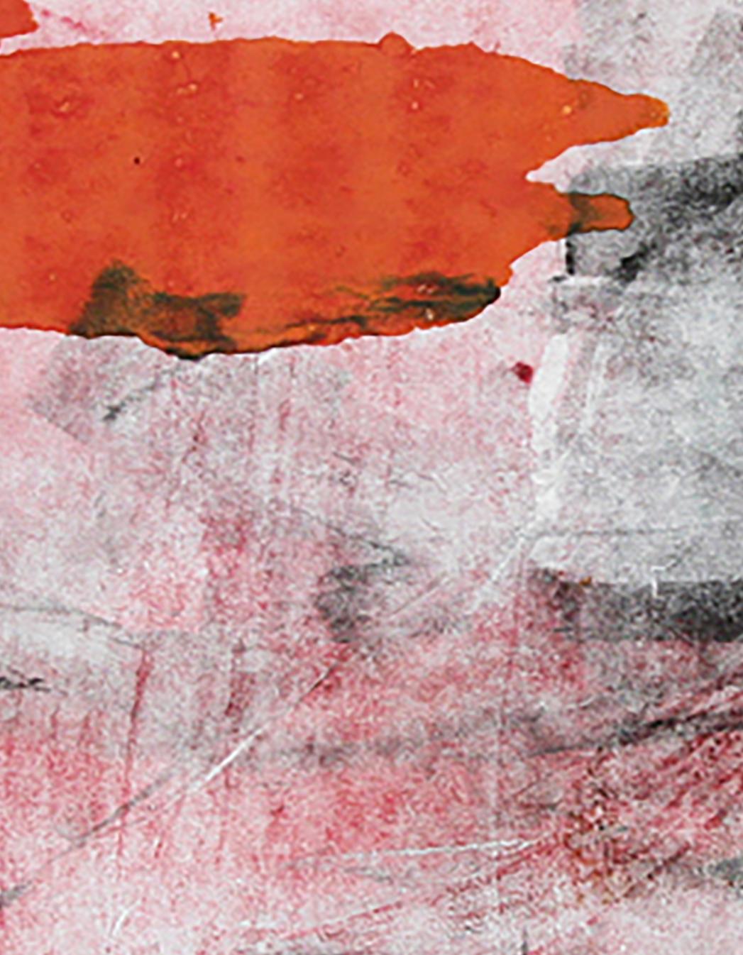 Abstrakte Monotypie auf Papier von abstraktem Blast (R), orange und schwarz (Zeitgenössisch), Mixed Media Art, von Karin Bruckner
