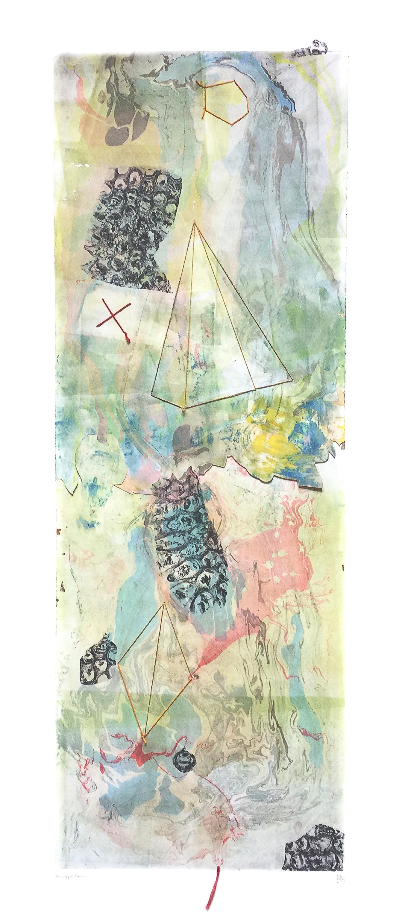 PineappleXpress, mixed media monotype on paper, earth tones and pastel green - Mixed Media Art by Karin Bruckner