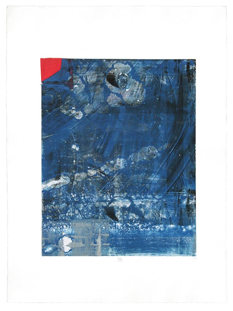 RedHerring, monotype technique mixte sur papier, bleu et rouge abstrait