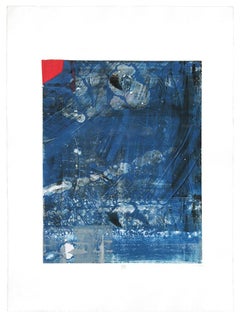 RedHerring, mixed media monotype on paper, abstract blue and red