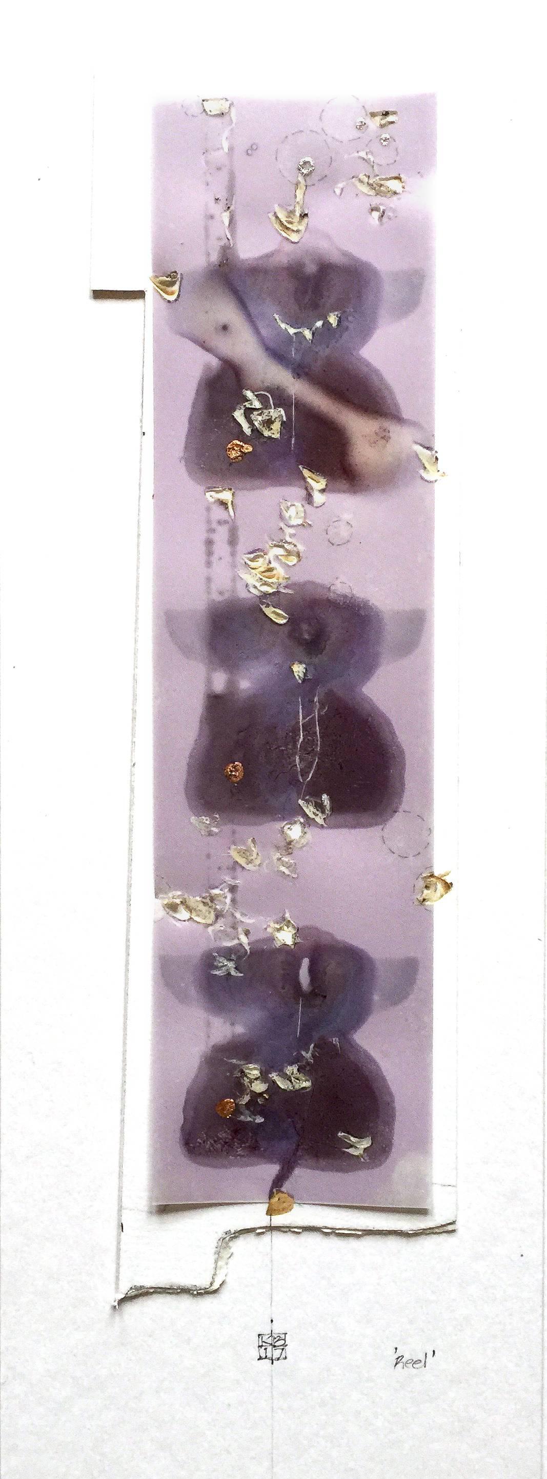 Reel, techniques mixtes, 10,16 x 15,24 cm. Impression abstraite violette
