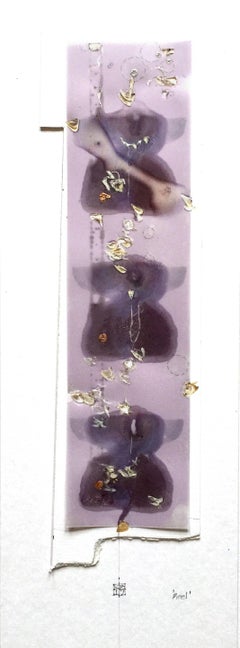 Carrete, técnica mixta, 4 x 6 pulgadas. Estampado abstracto morado