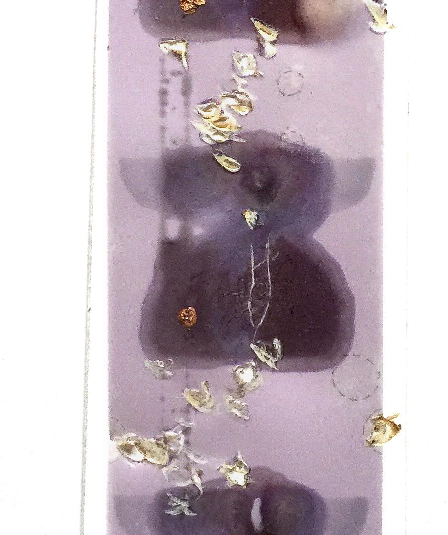 Reel, mixed media, 4 x 6 inches. Purple abstract print - Print by Karin Bruckner