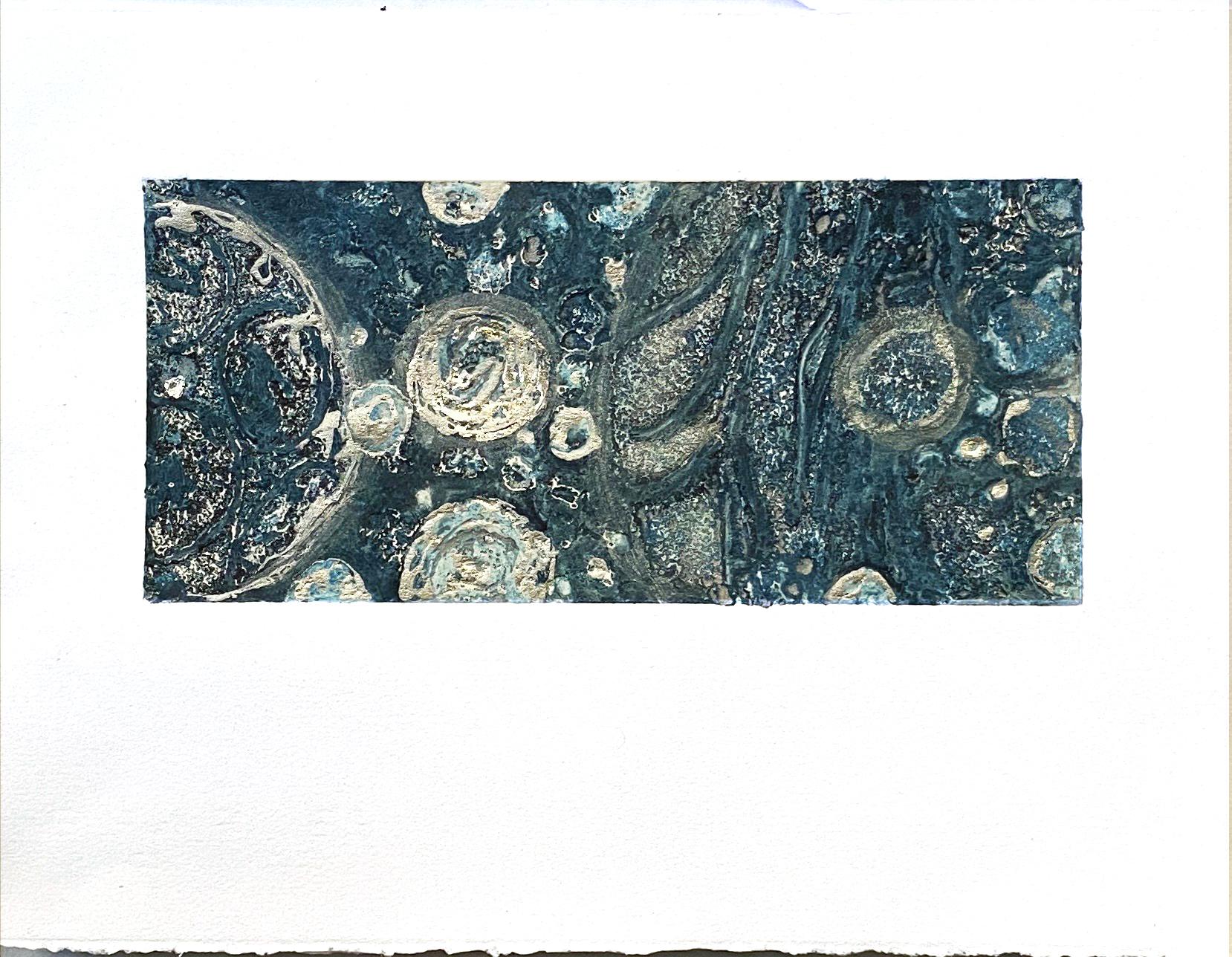 Karin Bruckner Abstract Print - ShootingStar1, collagraph print with silver leaf on paper, blue and silver