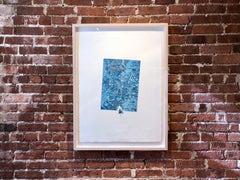 TippingPoint, mixed media monoprint on paper, bright blue abstract shapes