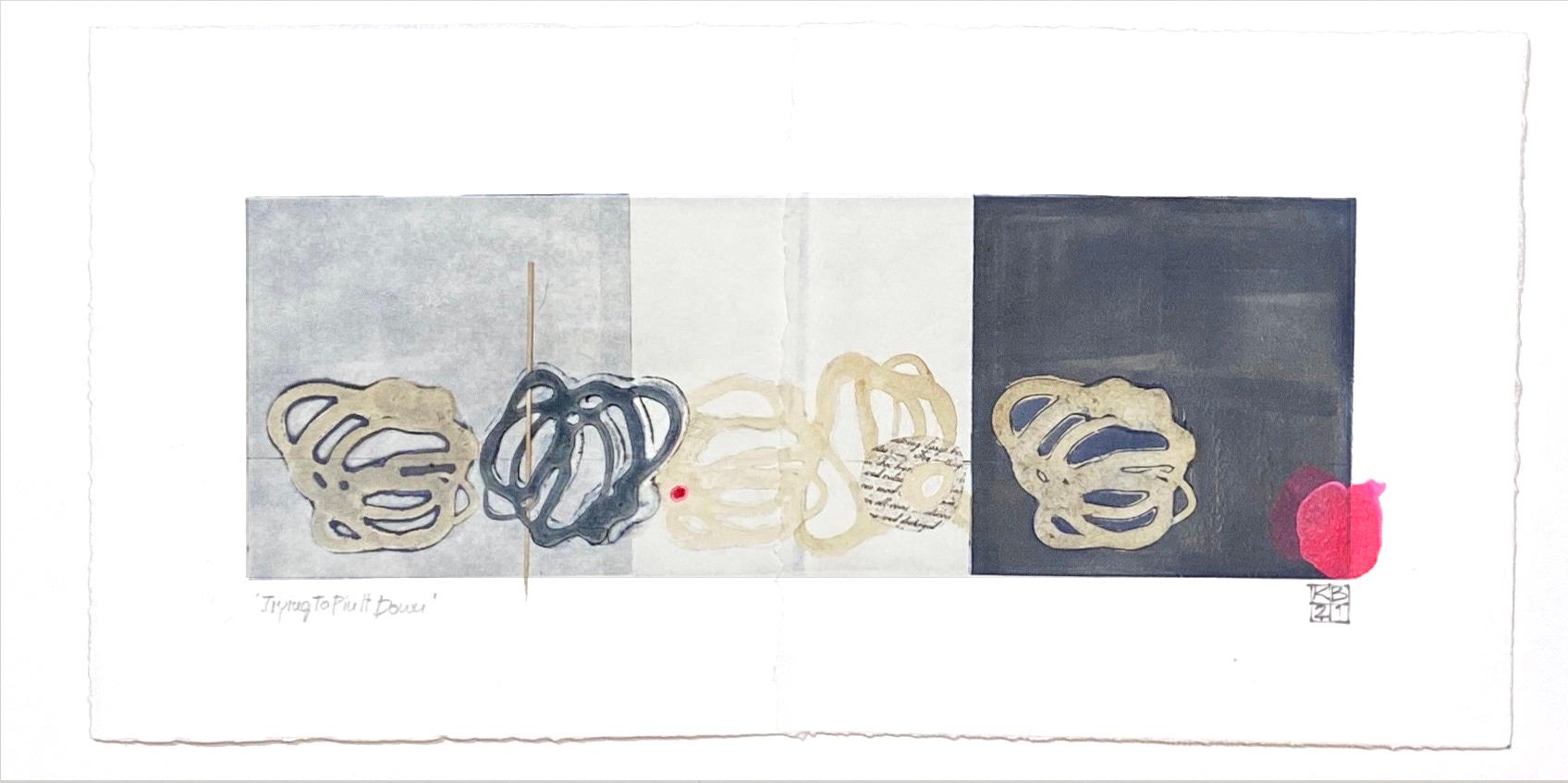 Karin Bruckner Abstract Print - TryingToPinItDown, mixed media monoprint on paper, earth tones and neutrals