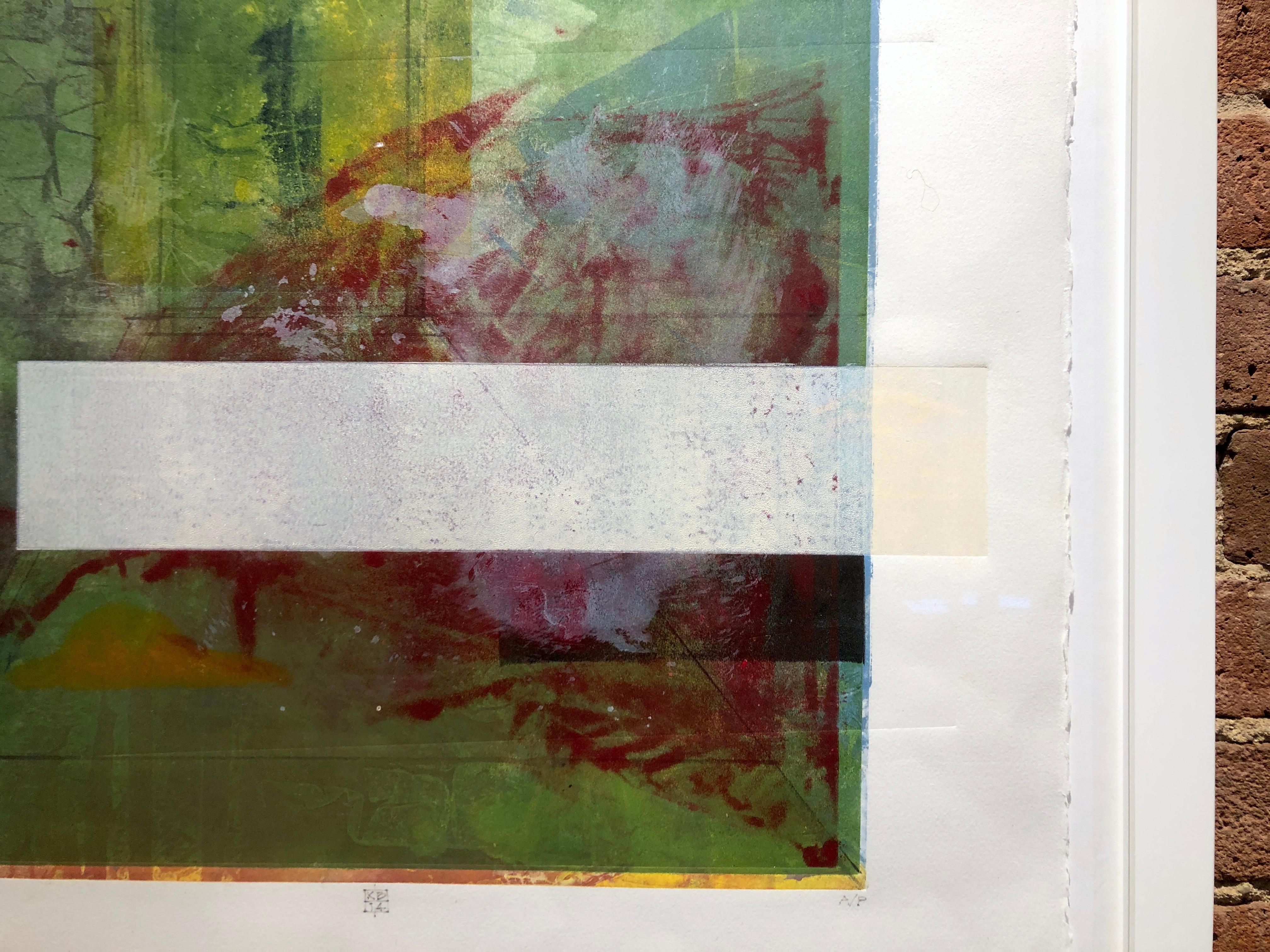 WhiteOutInside, green and purple abstract monoprint on paper - Gray Abstract Print by Karin Bruckner
