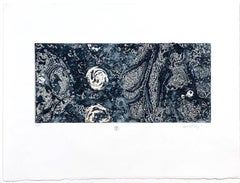 WinterSky, mixed media monoprint on paper, abstracted night sky, stars