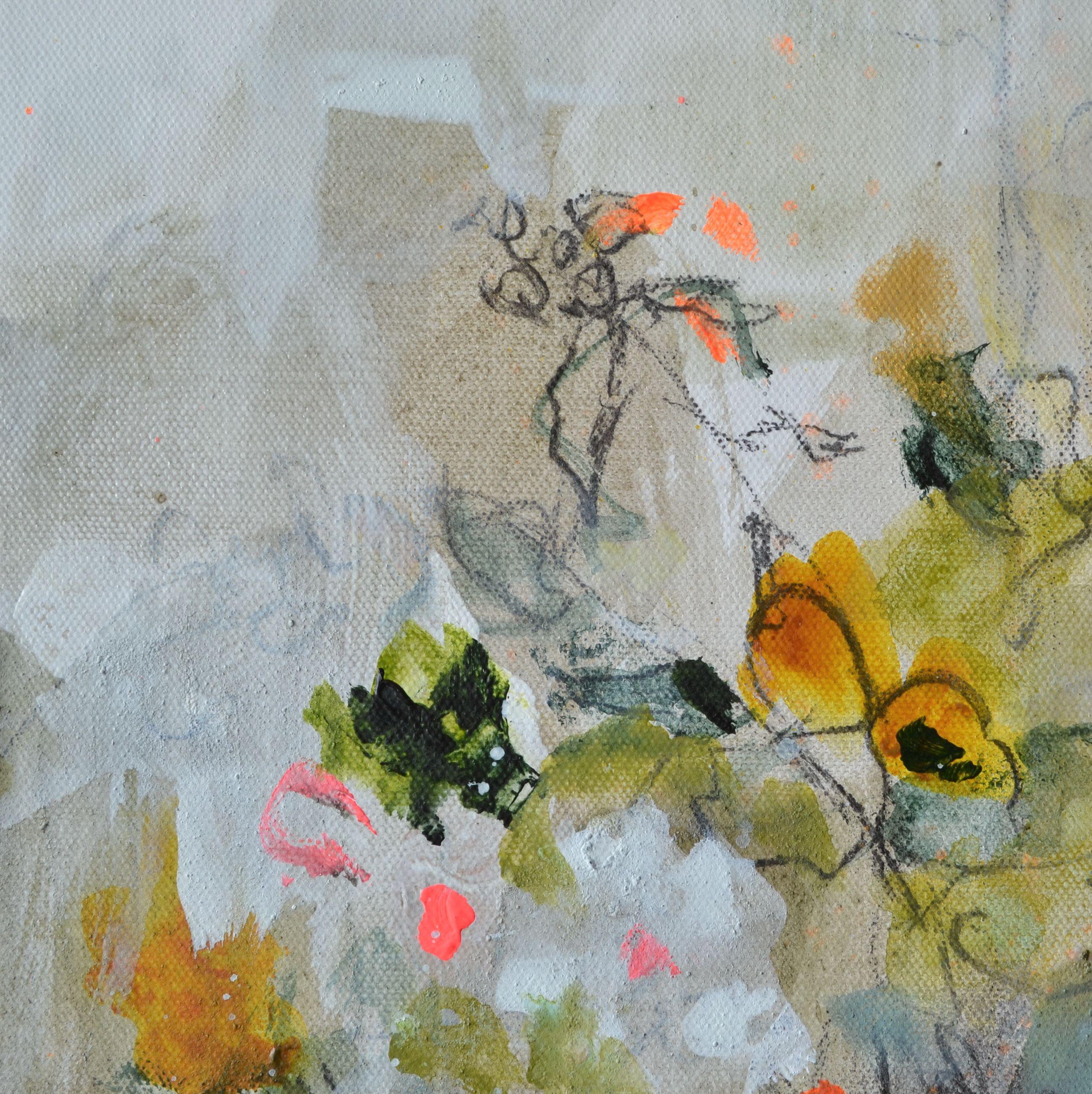 This is a work I did in autumn. Warm colours, leaves, flowers - with a suggestions of a vase.    This painting is ready to hang. There is a hook attached to the back of the canvas.    Acrylic/graphite/pigment on canvas!    The sides of the canvas