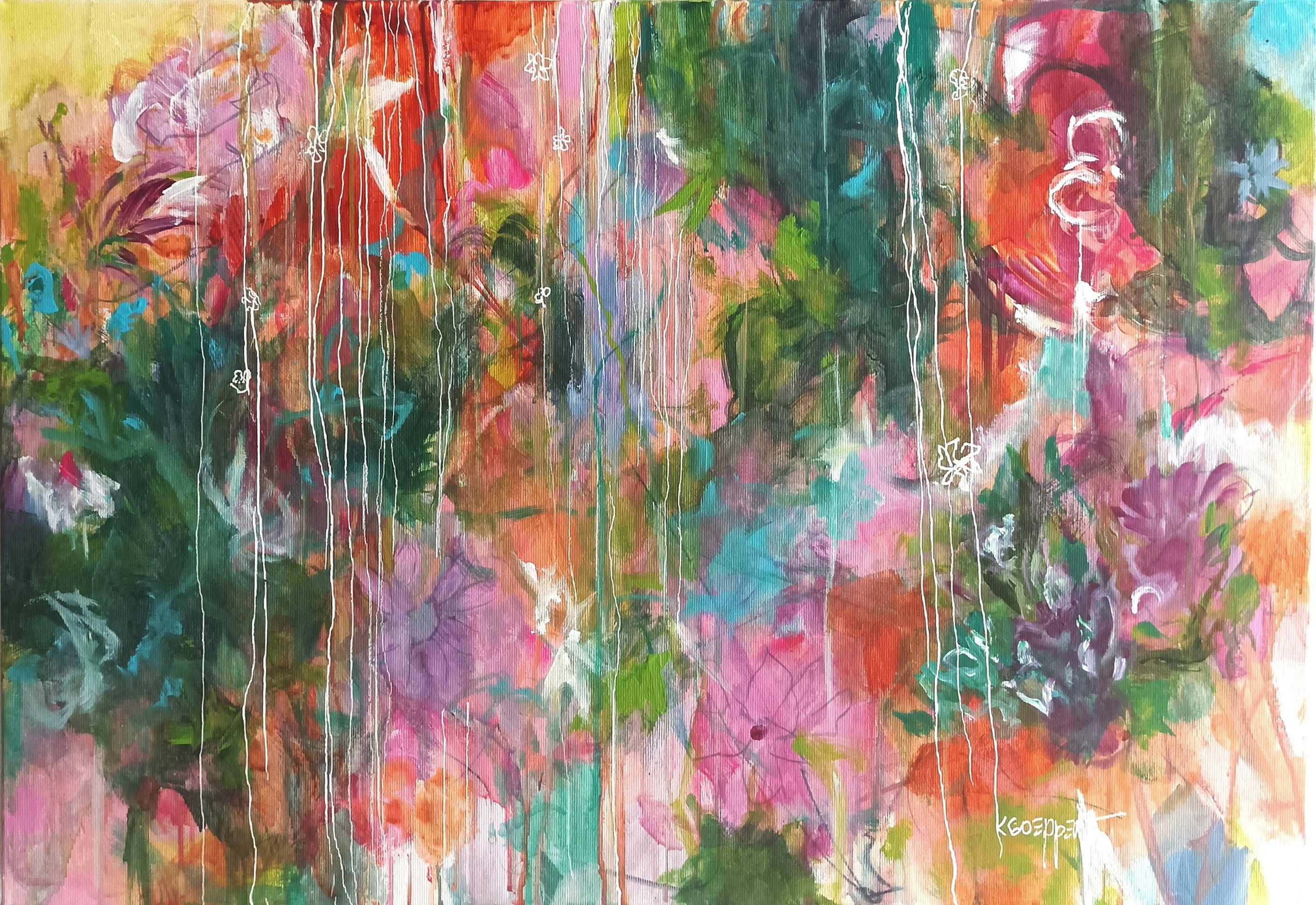A bright painting on canvas - ready to hang.  The work is inspired by nature and the warm glow of autumn. It's playful and colourful.    The sides of the work are painted.    70 x 50 x 4 cm / 27.6 x 19.7 x 1.6 in :: Painting :: Impressionist :: This