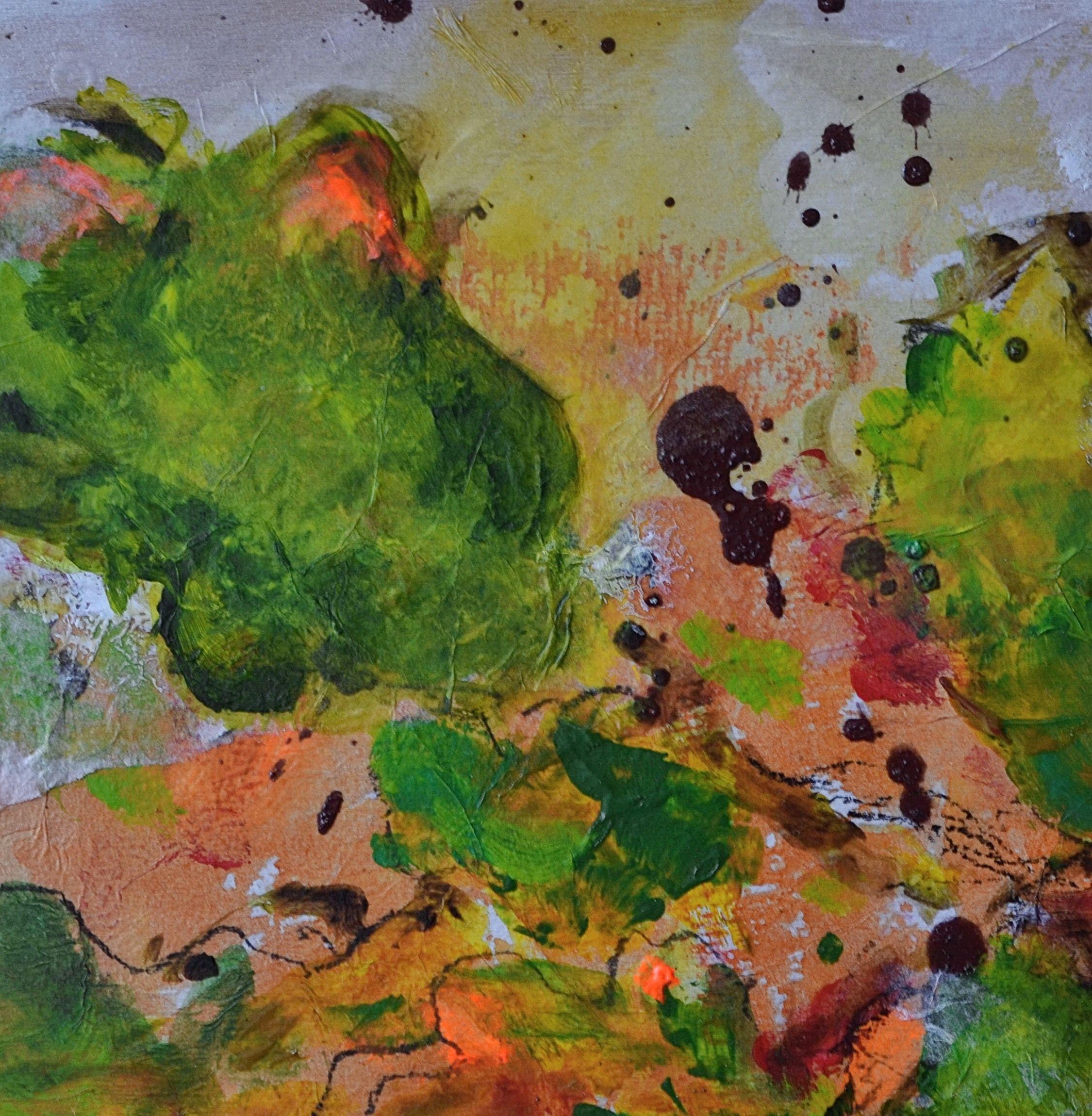 An expressionist nature painting with paper collage on a wooden box.  This work is ready to hang. Please see additional photographs.    I worked with acrylic, charcoal and paper collage on a wooden box.  The sides of the artwork are partially