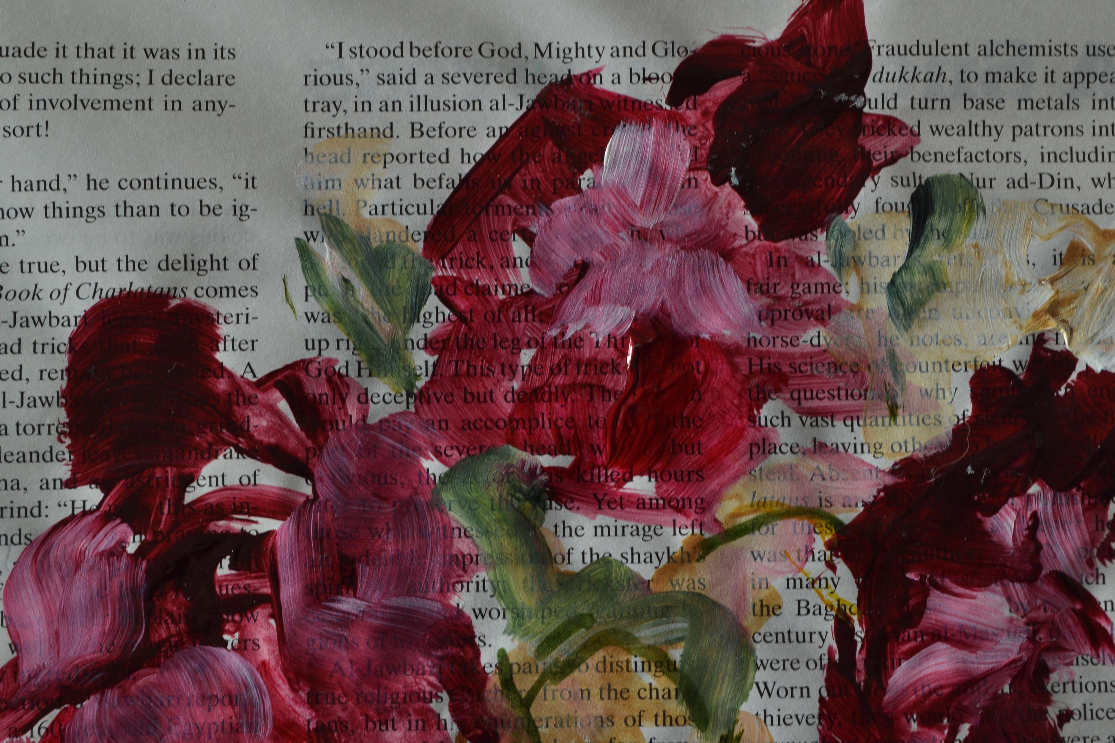 A work for poetry lovers - and anybody else of course who loves art on newsprint.    The work is done on a page of the New York Review of Books. You can partly see a poem by Rae Armantrout.    I worked with acrylic colours.    The work is sold with